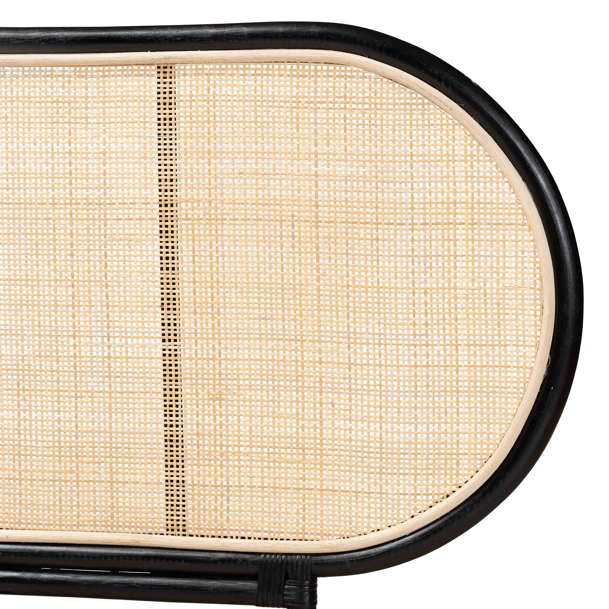 Left. bali & pari - Reegan Modern Bohemian Rattan Queen Size Standalone Headboard - Black/Natural Brown.