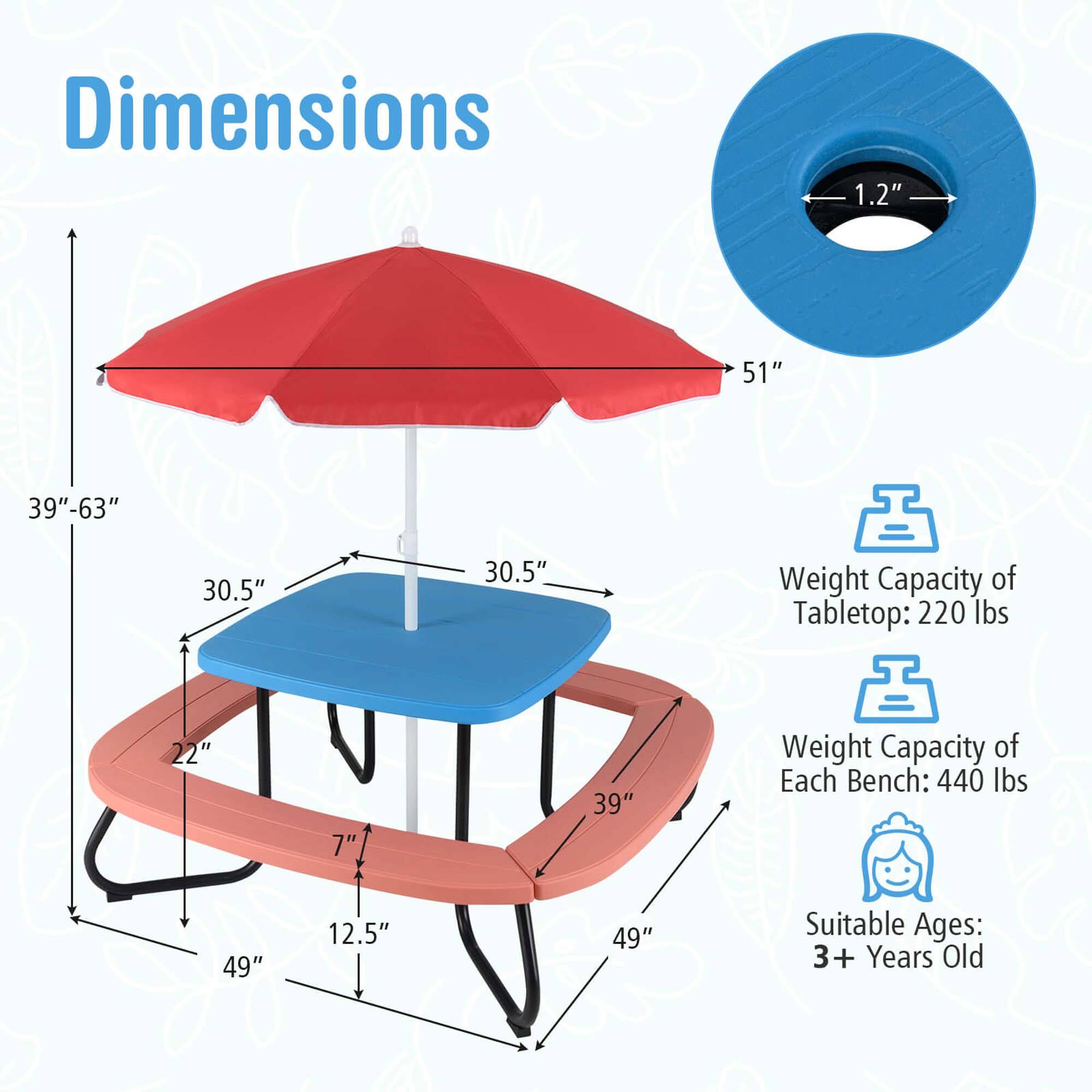 Dimensions:  
- Umbrella Diameter: 51"  
- Tabletop Dimensions: 30.5" x 30.5"  
- Tabletop Height: 7"  
- Bench Length: 49"  
- Bench Width: 12.5"  
- Overall Length: 49"  
- Overall Width: 39"  
- Overall Height: 39"-63"  

Weight Capacity:  
- Tabletop: 220 lbs  
- Each Bench: 440 lbs  

Suitable Ages: 3+ Years Old