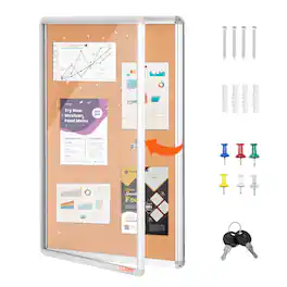 VEVOR - 36"x24" Enclosed Cork Board with Aluminum Frame – Lockable Bulletin Board with Acrylic Door & 2 Keys - Silver