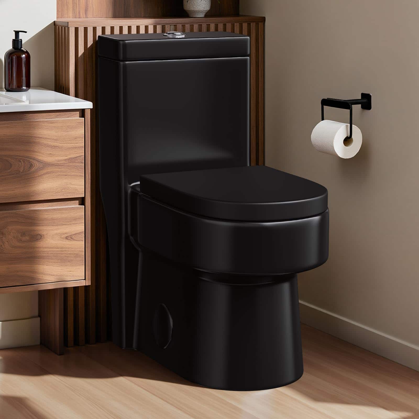 Koligey - Compact One Piece Toilet with Soft-close Seat Lid, Power Dual Flush 1.2/1.85 GPF, Standard White Toilet Bowl - Black