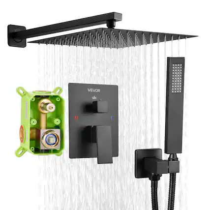 Front. VEVOR - Shower Faucet Set, Rainfall Bathroom Shower System with 12-Inch Square Rain Shower Head and Handheld Spray - Matte Black.