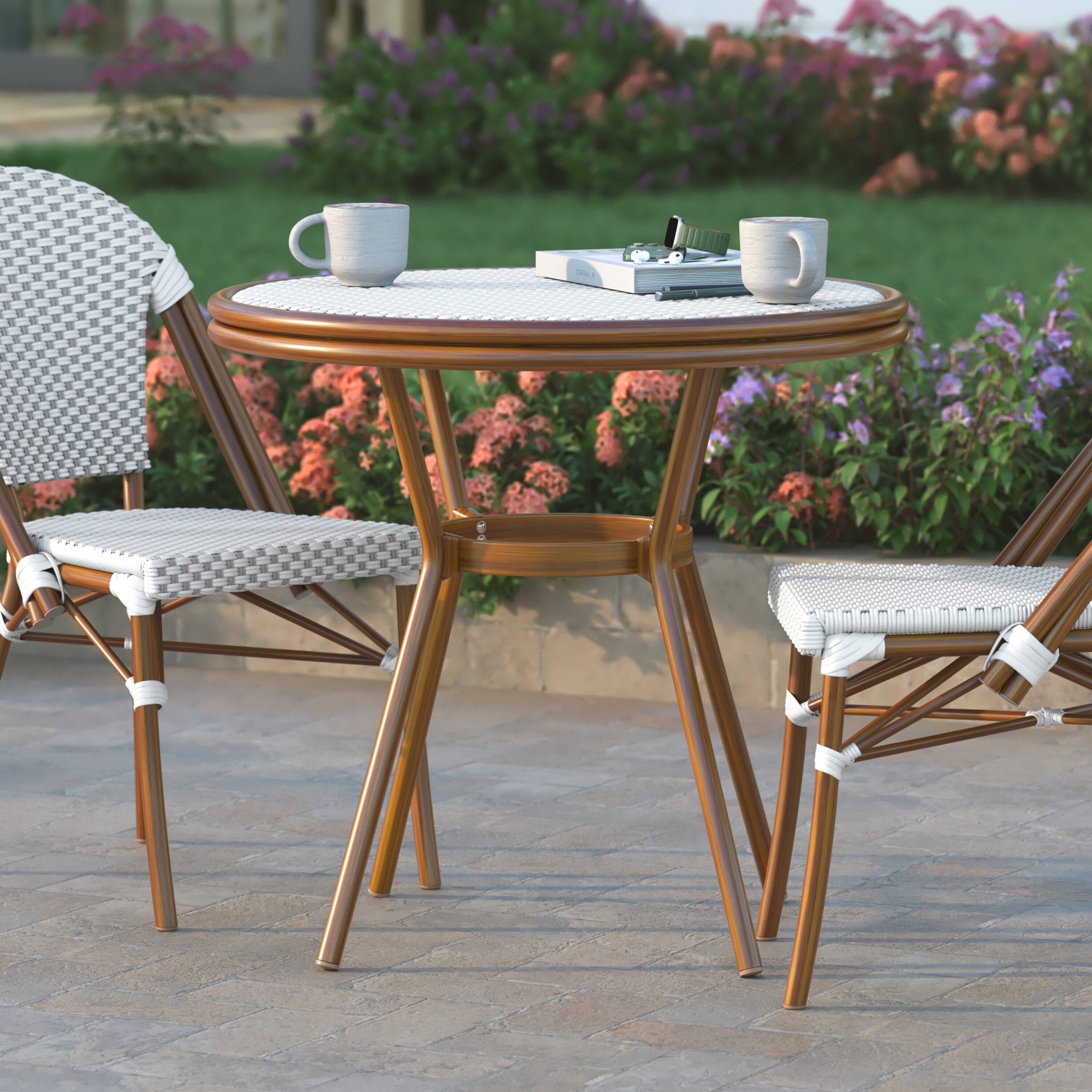 Alt View 1. Emma + Oliver - Colmar Indoor/Outdoor Bistro Style 31.5 in. Table with PE Rattan, Glass Top, and Bamboo Finished Metal Frame - White & Gray Rattan/Natural Frame.