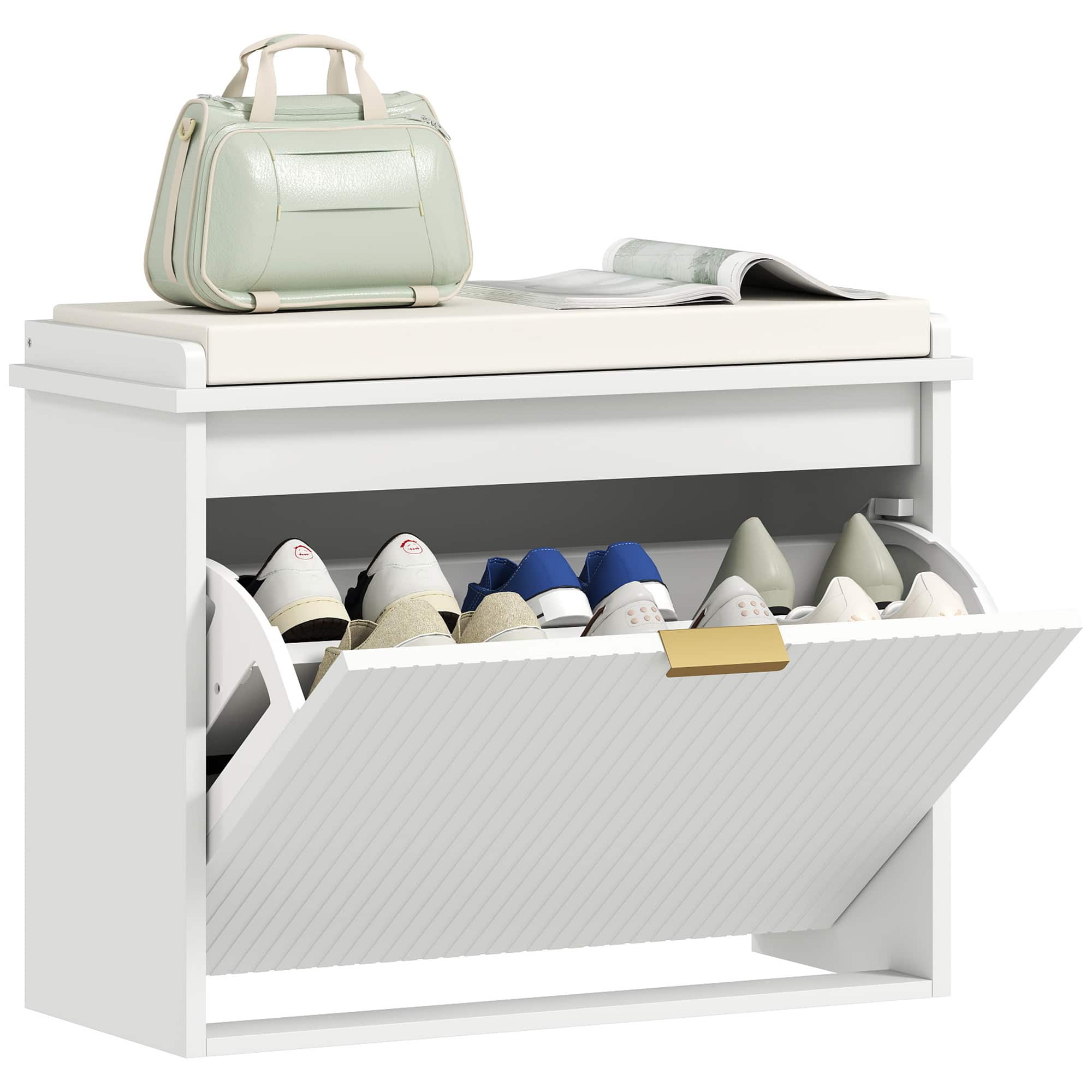 Homcom - Narrow Shoe Bench with Padded Cushion, Shoe Cabinet with Flip-Drawer and Adjustable Shelf, Small Entryway Bench - White