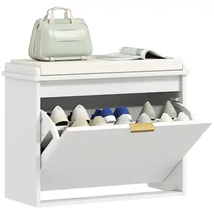 Front. Homcom - Storage Bench with Padded Seat Cushion and Flip-Drawer, Entryway Bench, Shoe Cabinet - White.