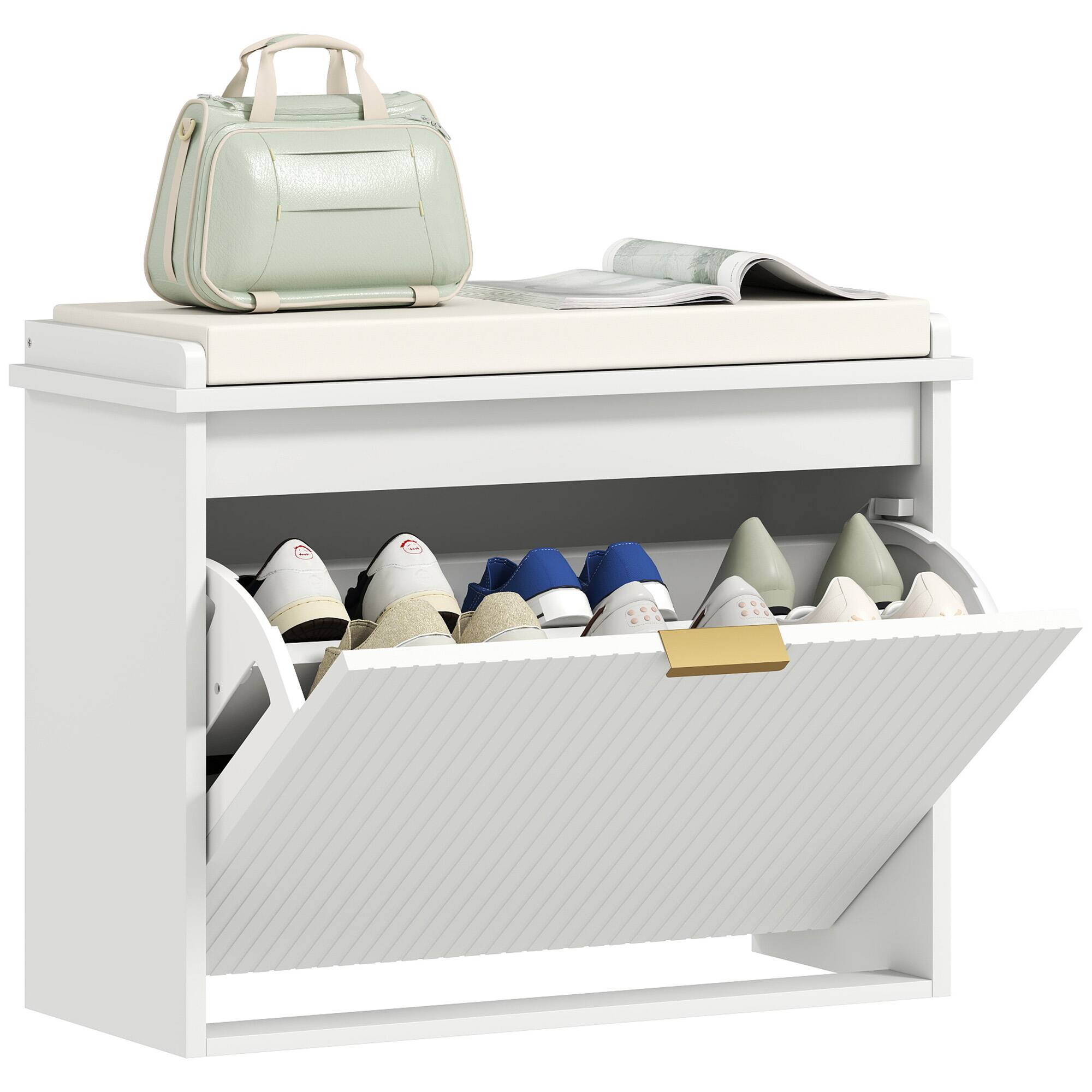 Front. Homcom - Narrow Shoe Bench with Padded Cushion, Shoe Cabinet with Flip-Drawer and Adjustable Shelf, Small Entryway Bench - White.