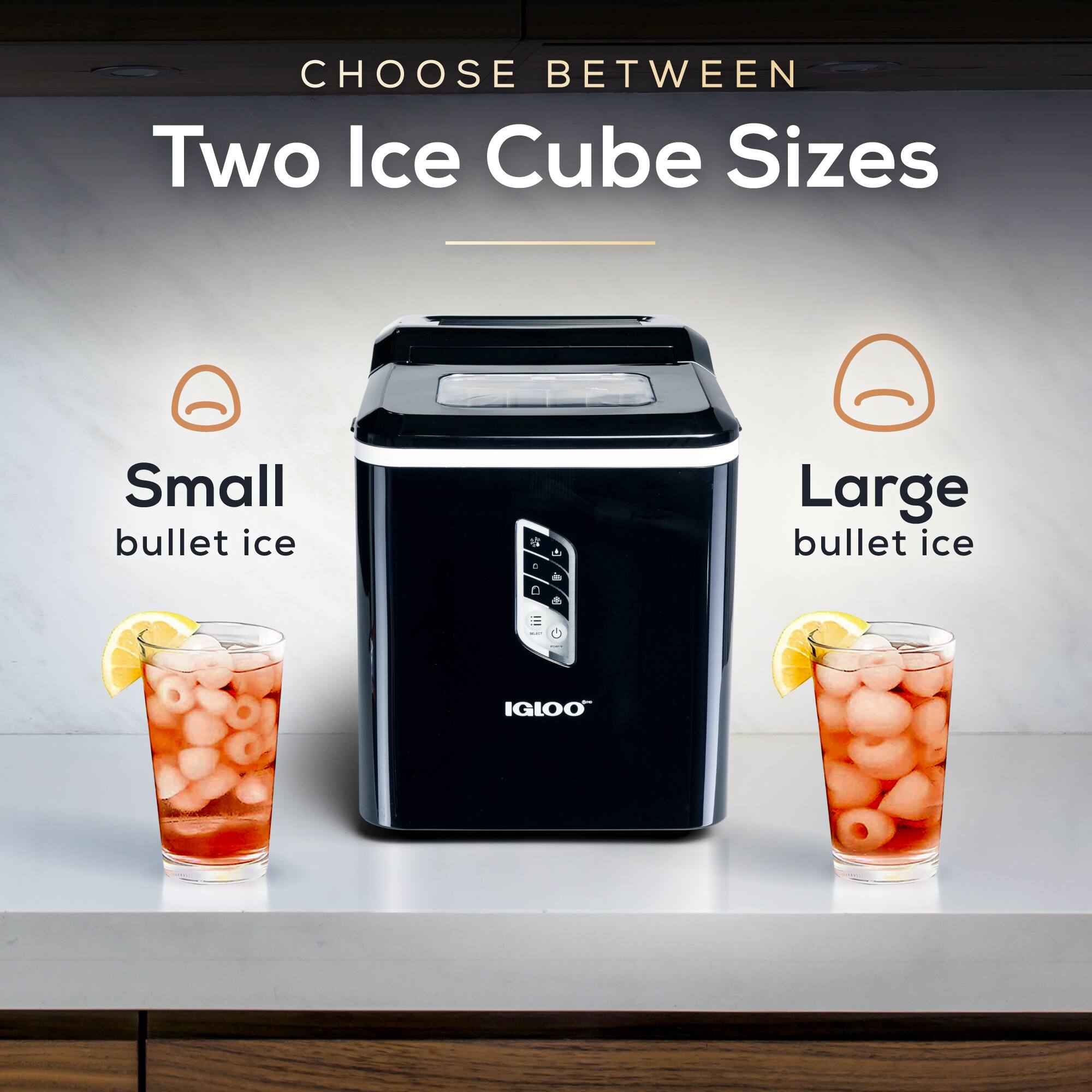 CHOOSE BETWEEN  
Two Ice Cube Sizes

Small bullet ice  
Large bullet ice

IGLOO