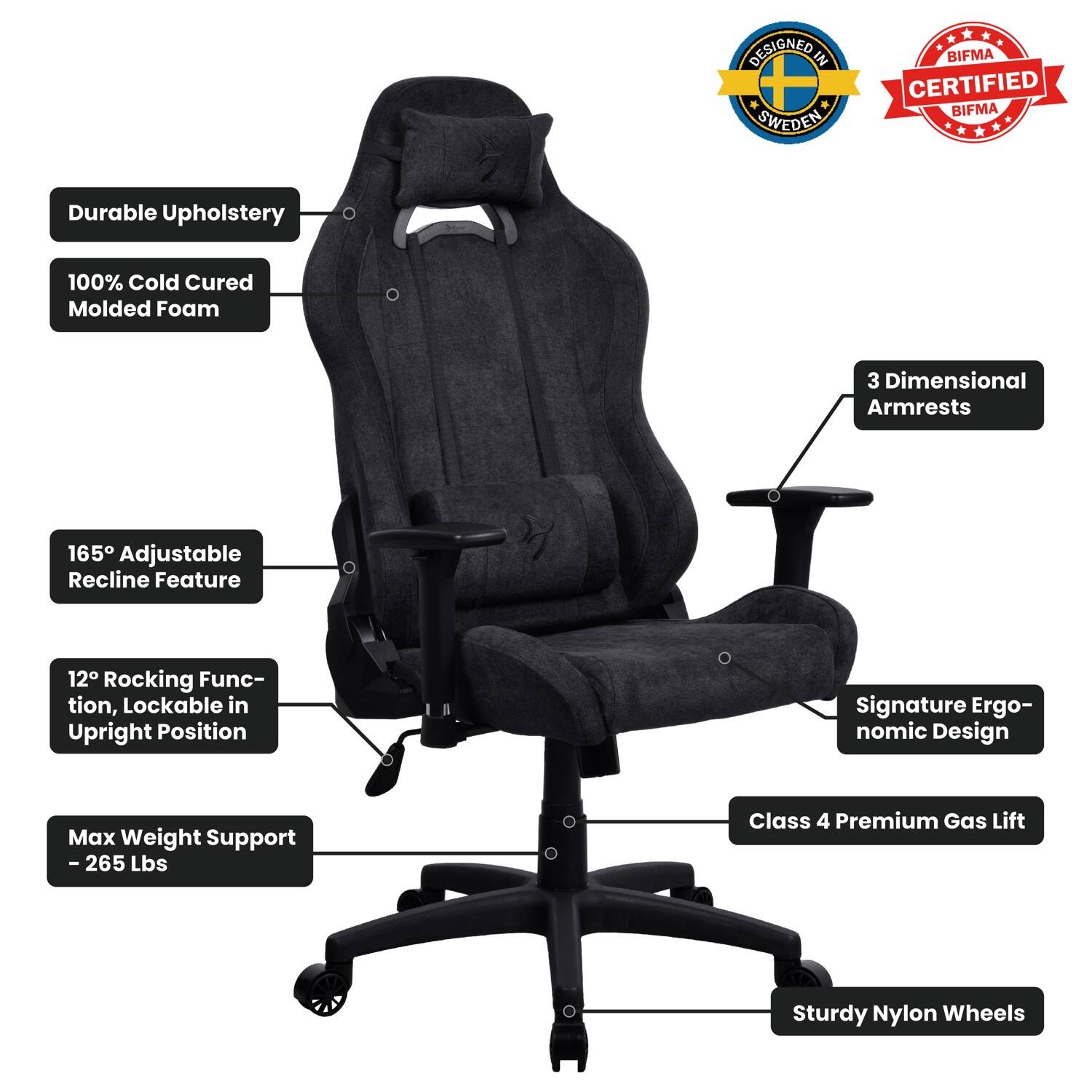 - DESIGNED IN SWEDEN
- BIFMA CERTIFIED
- Durable Upholstery
- 100% Cold Cured Molded Foam
- 3 Dimensional Armrests
- 165° Adjustable Recline Feature
- 12° Rocking Function, Lockable in Upright Position
- Signature Ergonomic Design
- Max Weight Support - 265 Lbs
- Class 4 Premium Gas Lift
- Sturdy Nylon Wheels