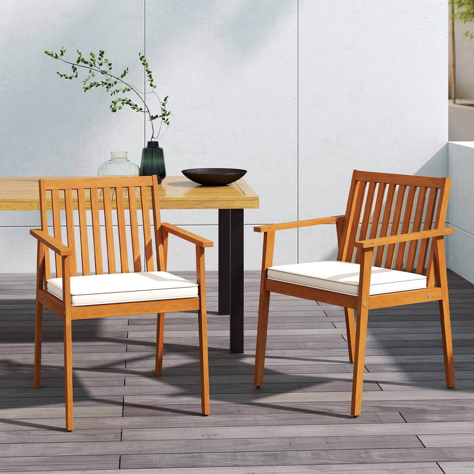 Alt View 5. Costway - Costway 2 PCS Patio Dining Chairs with  Removable Padded Cushion Armrests Acacia Wood - Natural,White.