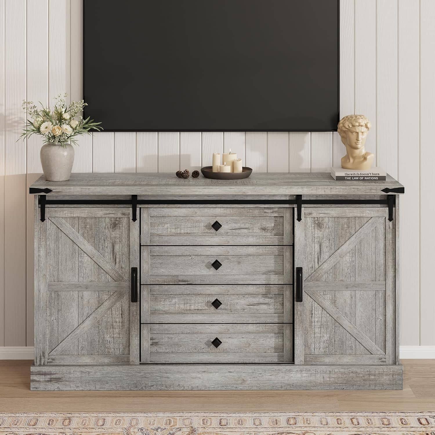 Homhougo - 45-Inch Farmhouse TV Stand with Sliding Barn Doors, 4 Drawer Entertainment Center for Bedroom - Gray