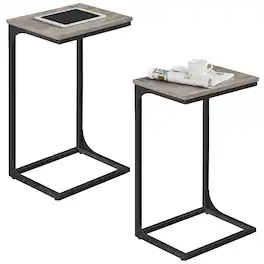 Songmics Home - C-Shaped End Table, Set of 2, Side Table for Sofa, Couch Table with Metal Frame, Small TV Tray Table for Living Room - Greige