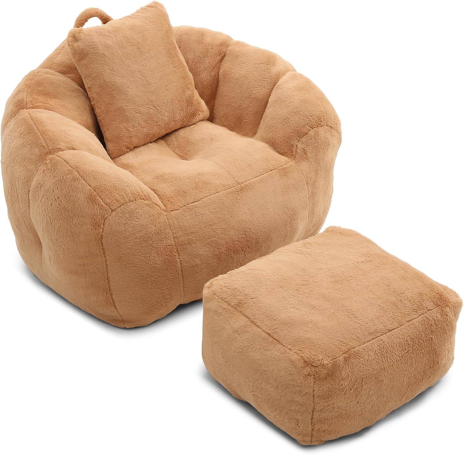 Alt View 4. Trinkets Crazed - Oversized Bean Bag, Giant Bean Bag Chair with Footstool for Adults and Kids - khaki.