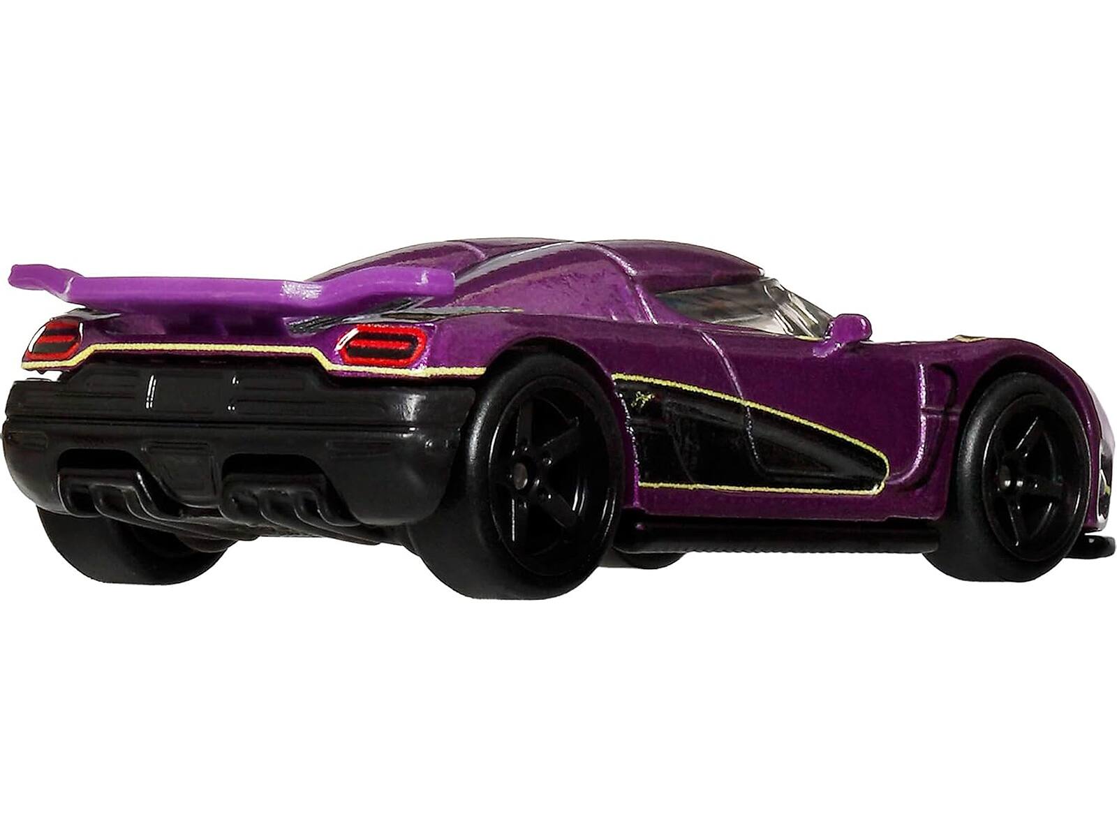 Left. Hot Wheels - Koenigsegg Agera R Purple Metallic with Black and Yellow Stripes "Timeless Icons" Series Diecast Model Car by Hot Wheels - Purple Metallic with Black, Yellow.