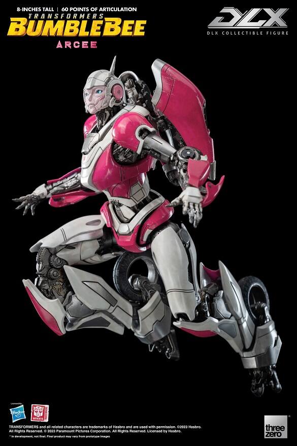 8-INCHES TALL | 60 POINTS OF ARTICULATION  
TRANSFORMERS  
BUMBLEBEE  
ARCEE  

DLX COLLECTIBLE FIGURE  

TRANSFORMERS and all related characters are trademarks of Hasbro and are used with permission. © 2023 Hasbro. All Rights Reserved. E 2023 Paramount Pictures Corporation All Rights Reserved. Licensed by Hasbro.  

*In development. Not final. Final product may vary from prototype images.  

three zero