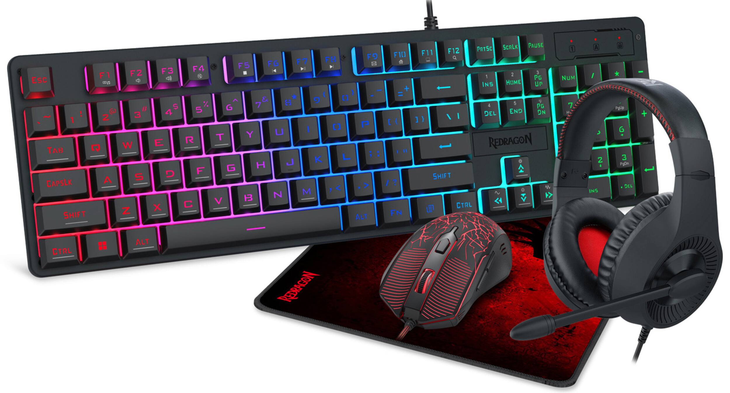 REDRAGON - S107P-BA Wired 4-in-1 Gaming Keyboard & Mouse Headset & Mouse Combo, Rainbow Backlit, On-the-Fly DPI for Wins, PC - Black