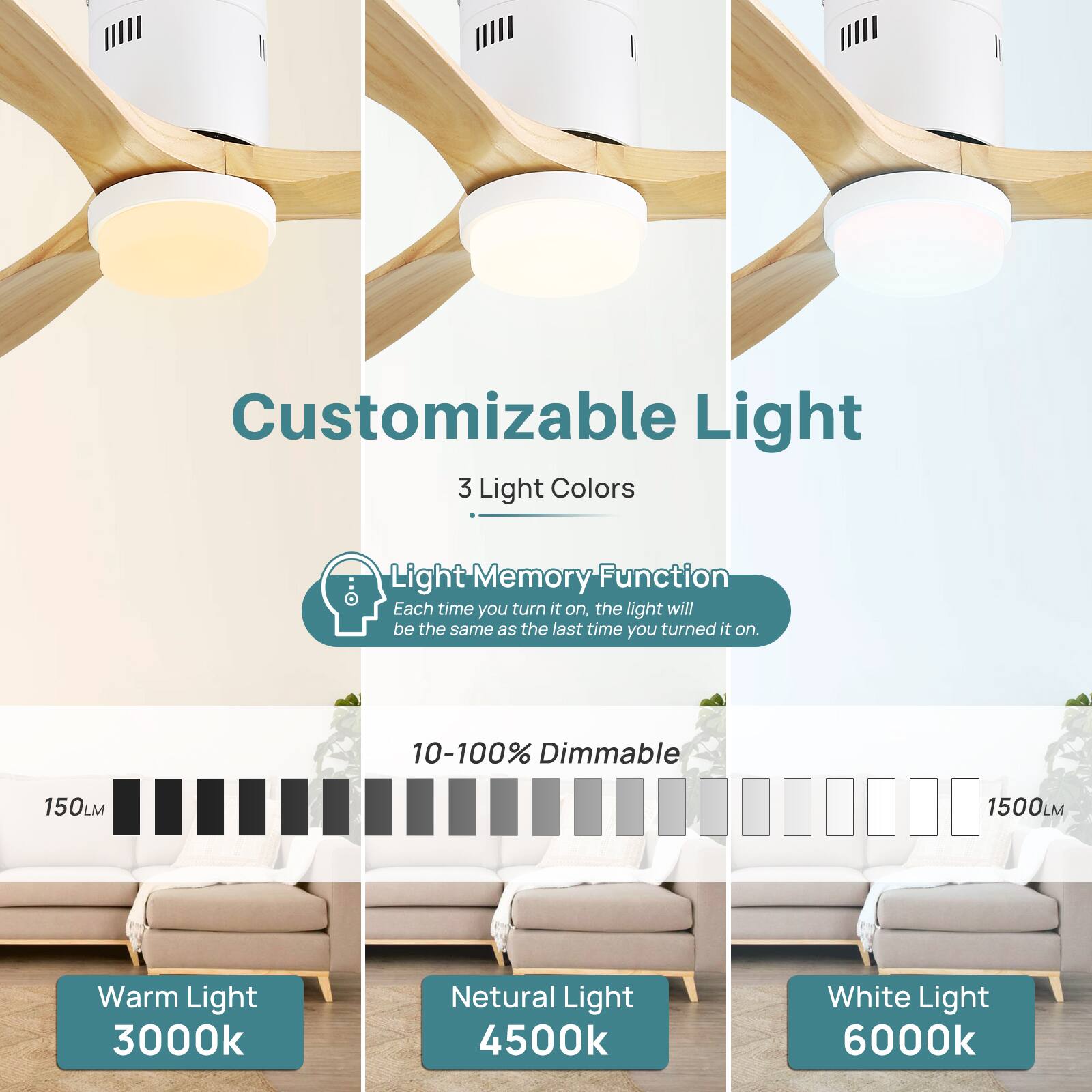 Customizable Light

3 Light Colors

Light Memory Function
Each time you turn it on, the light will be the same as the last time you turned it on.

10-100% Dimmable

Warm Light 3000k

Neutral Light 4500k

White Light 6000k