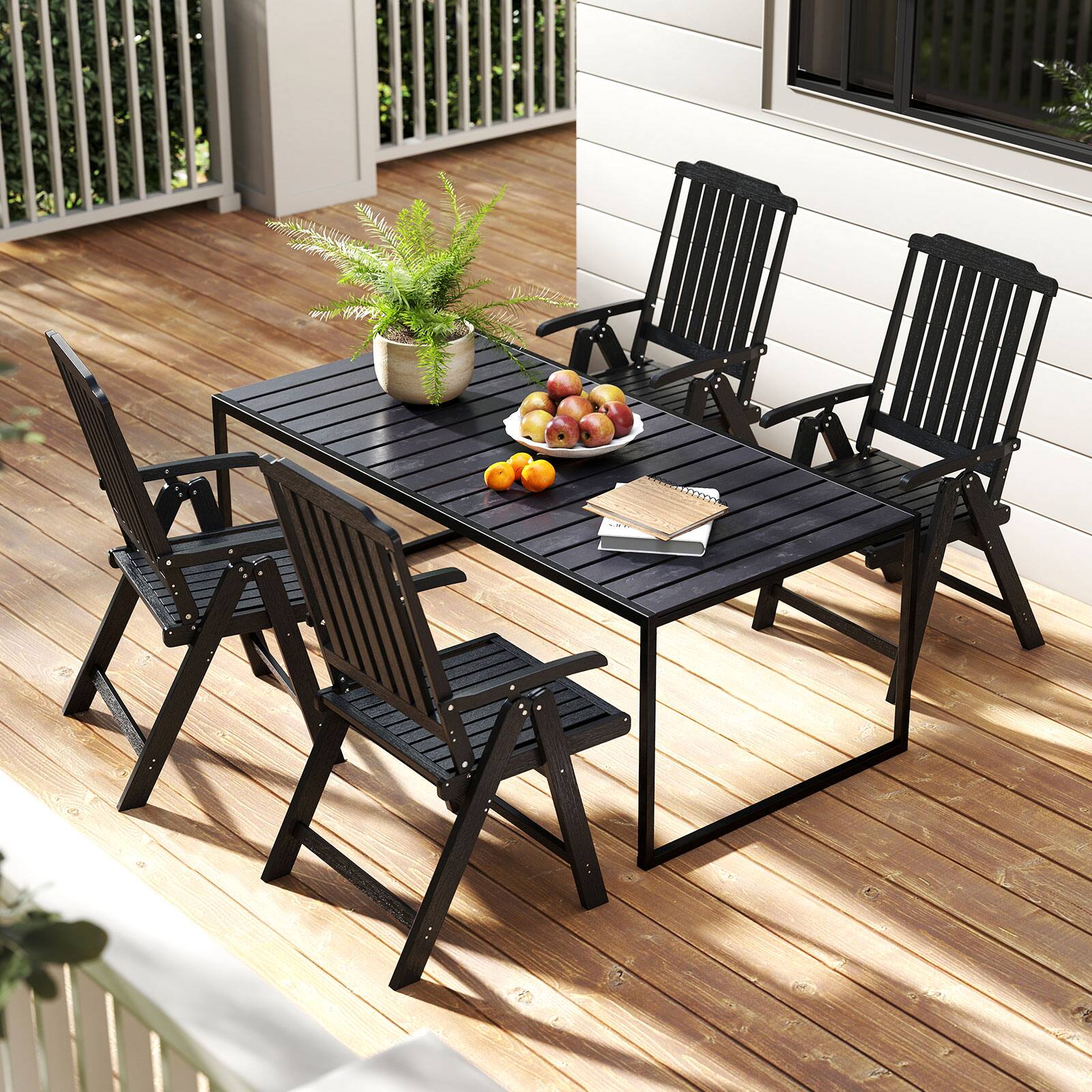 Alt View 1. Gymax - Gymax 4PCS Foldable Patio Chair w/Armrest Curved Back Slatted Seat for Backyard Deck Black - Black.