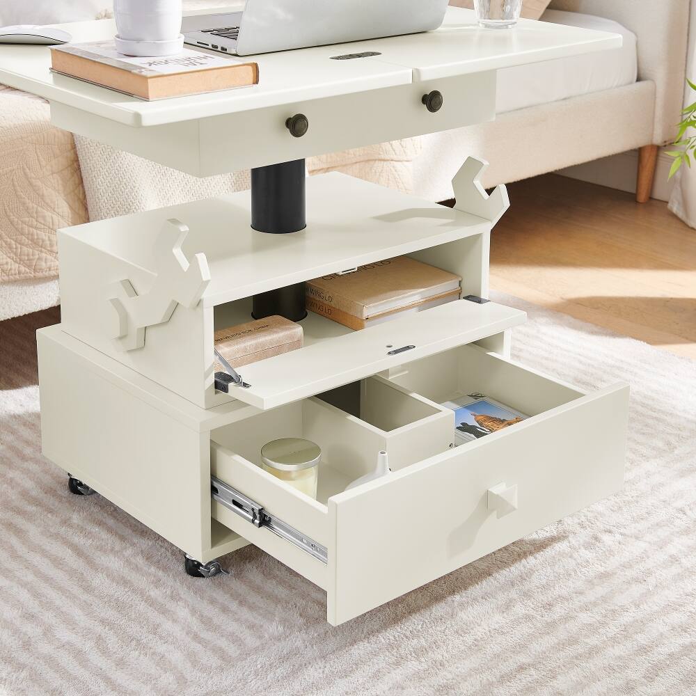 Alt View 1. Loheer - Adjustable Height End Table Rolling Side Table with Charging Station Lift Top Multi-Functional Bedside Table White - White.