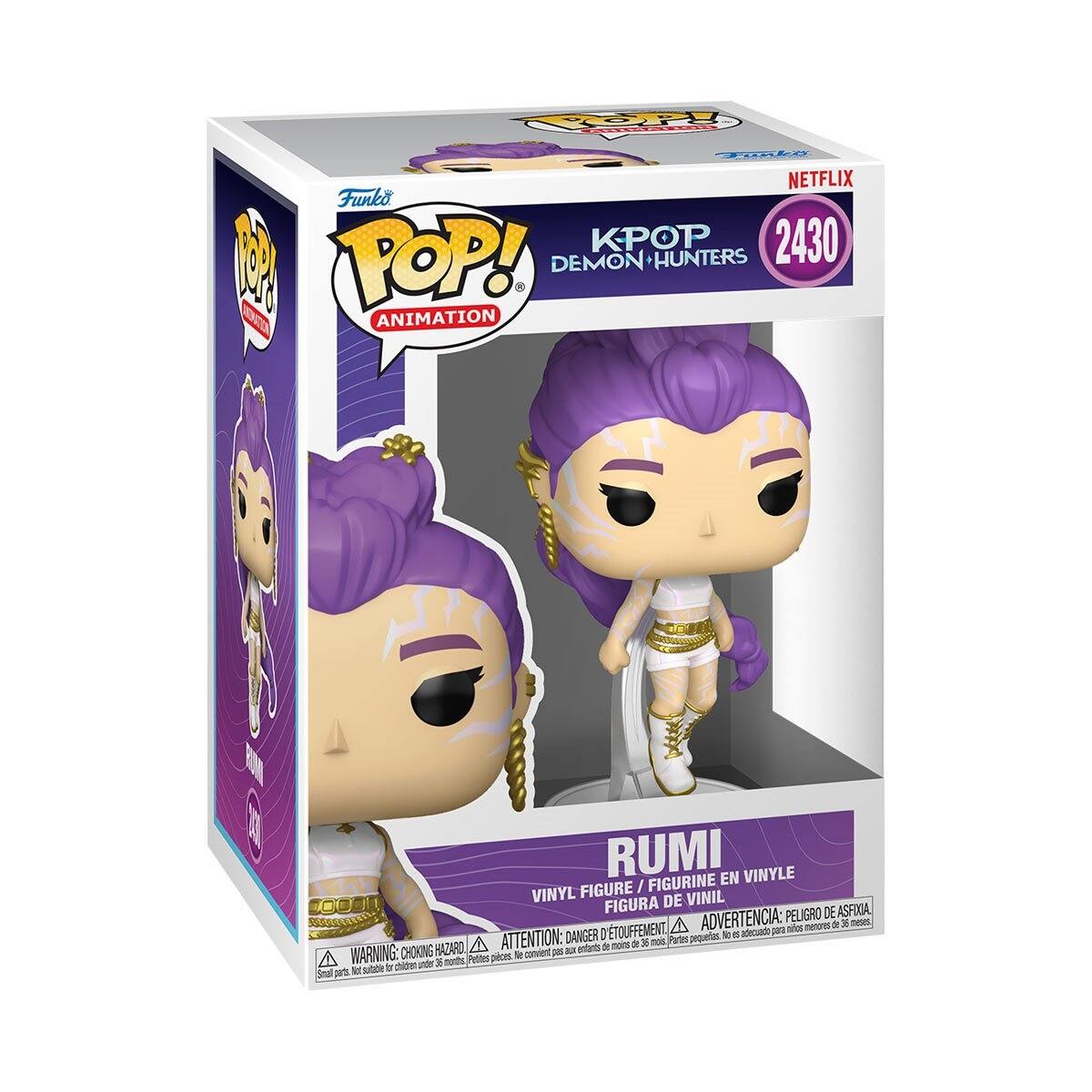 Funko POP! Animation  
NETFLIX  
KPOP Demon Hunters  
2430  
RUMI  
Vinyl Figure / Figurine en Vinyle / Figura de Vinil / Figura de Vinil  
WARNING: CHOKING HAZARD - Small parts. Not for children under 3 years.  
ADVERTENCIA: PELIGRO DE ASFIXIA - Piezas pequeñas. No es adecuado para menores de 3 años.  
ATTENTION: DANGER D'ETOUFFEMENT - Petites pièces. Ne convient pas aux enfants de moins de 3 ans.