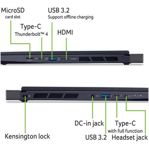 - MicroSD card slot
- USB 3.2
- Support offline charging
- Type-C
- Thunderbolt™ 4
- HDMI
- Kensington lock
- DC-in jack
- Type-C with full function
- USB 3.2
- Headset jack