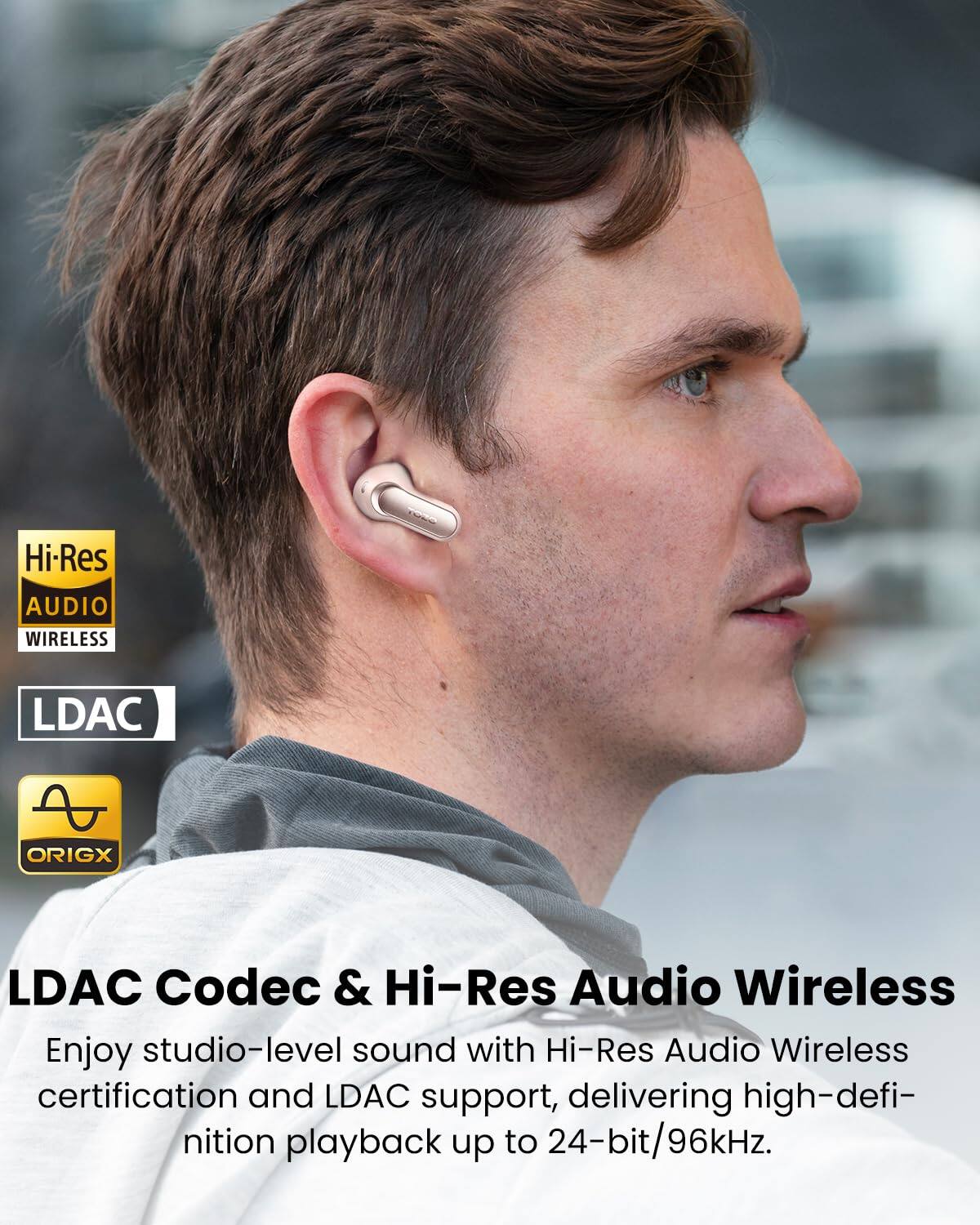 LDAC Codec & Hi-Res Audio Wireless

Enjoy studio-level sound with Hi-Res Audio Wireless certification and LDAC support, delivering high-definition playback up to 24-bit/96kHz.