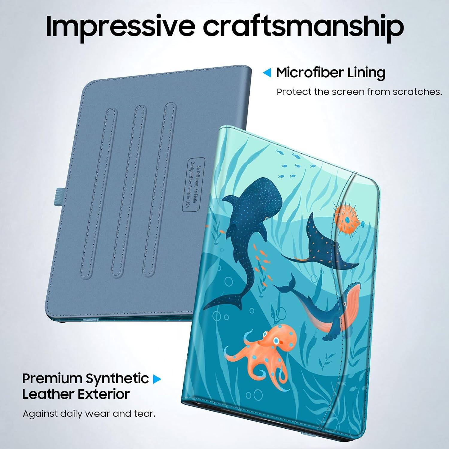 Impressive craftsmanship

Microfiber Lining
Protect the screen from scratches.

Designed by Be Different, in Fintic USA

Premium Synthetic Leather Exterior
Against daily wear and tear.