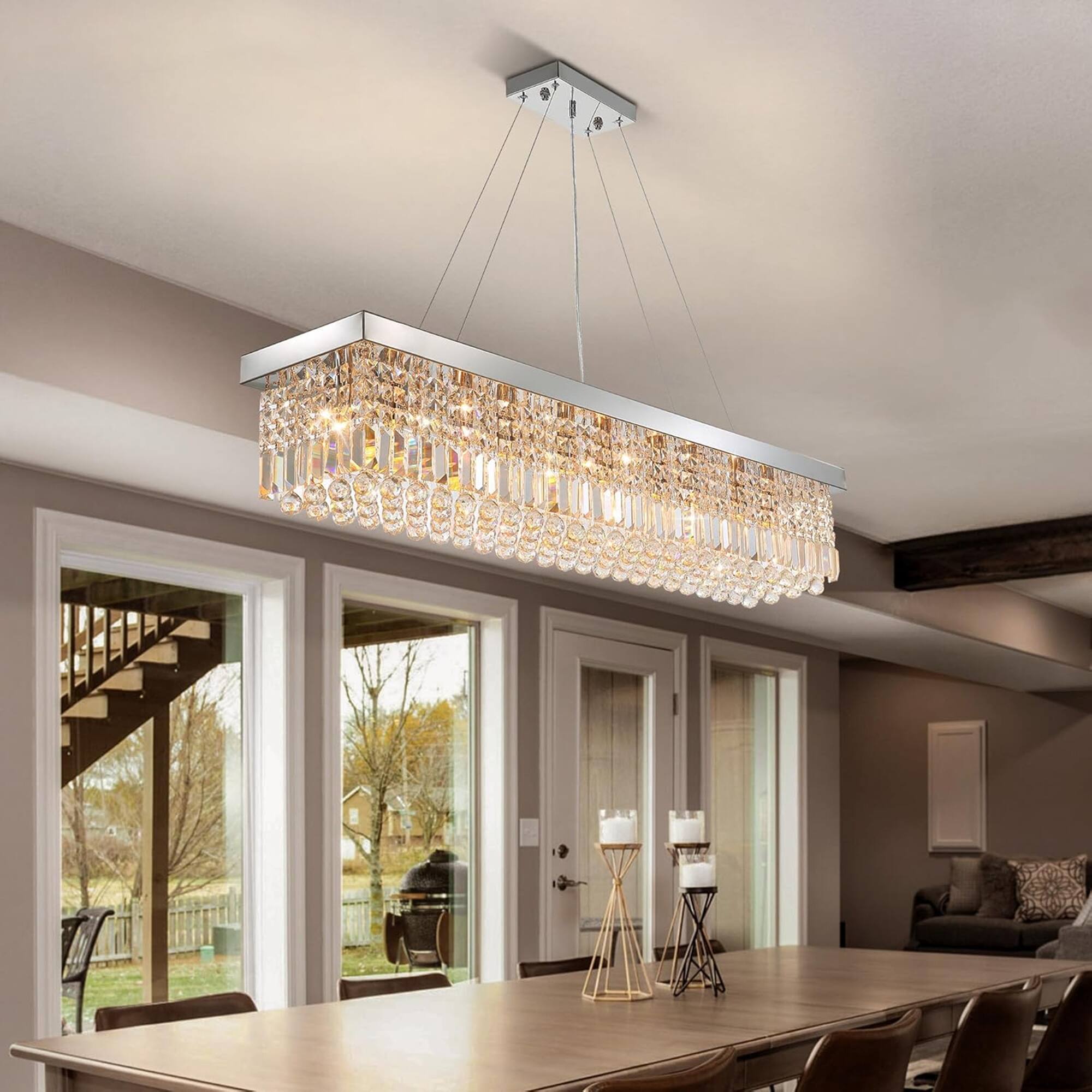 Back. Siljoy - 47.2" 10-Light Chrome Linear K9 Crystal Chandelier, Adjustable E12 for Kitchen Dining Living Foyer - Chrome.
