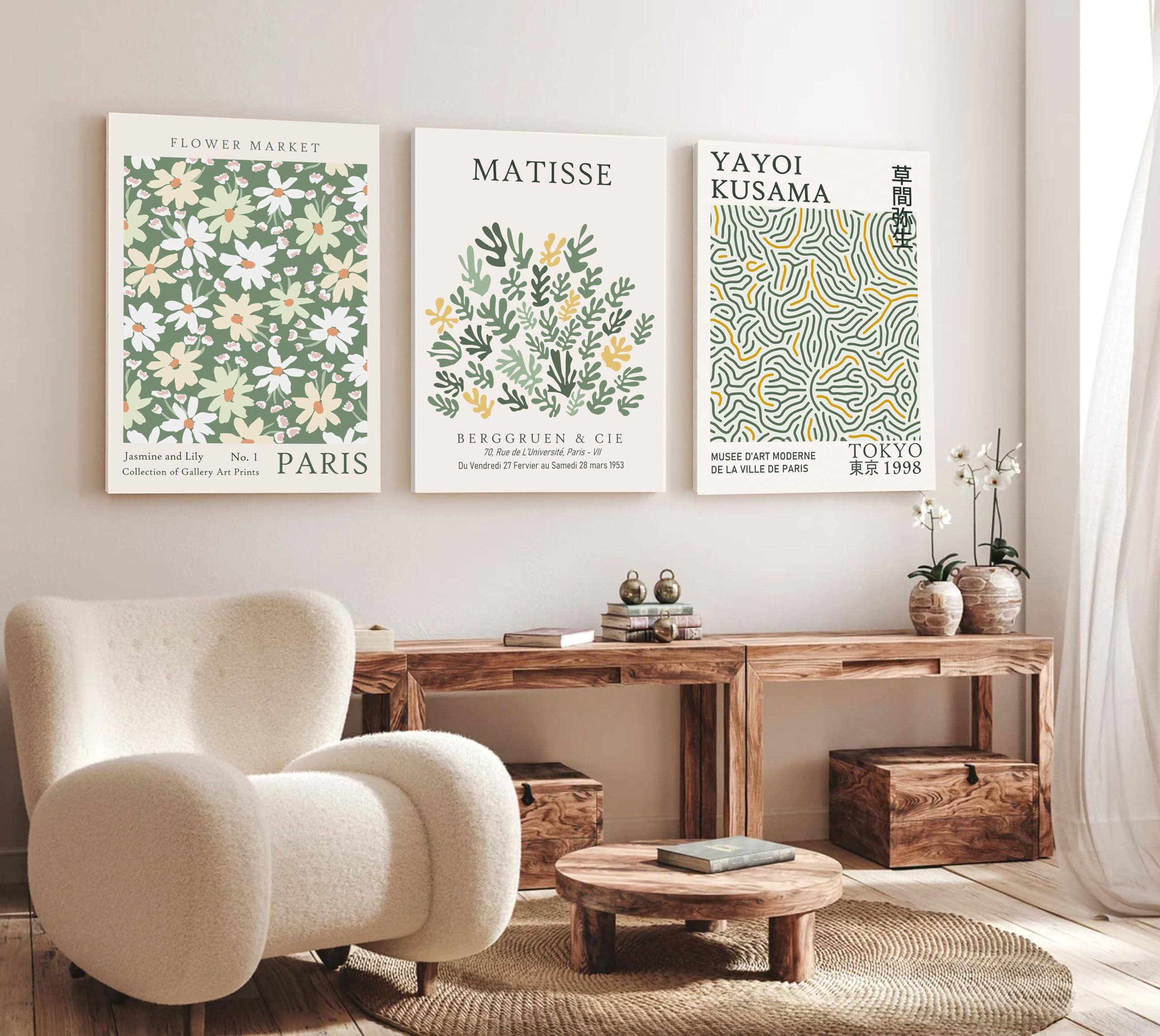 Fabibe - Framed Sage Green Vintage Wall Art Canvas Decor Set of 3, Matisse Wall Art Prints Posters Mid Century Modern Art, Aesthe - Green 18"x24"