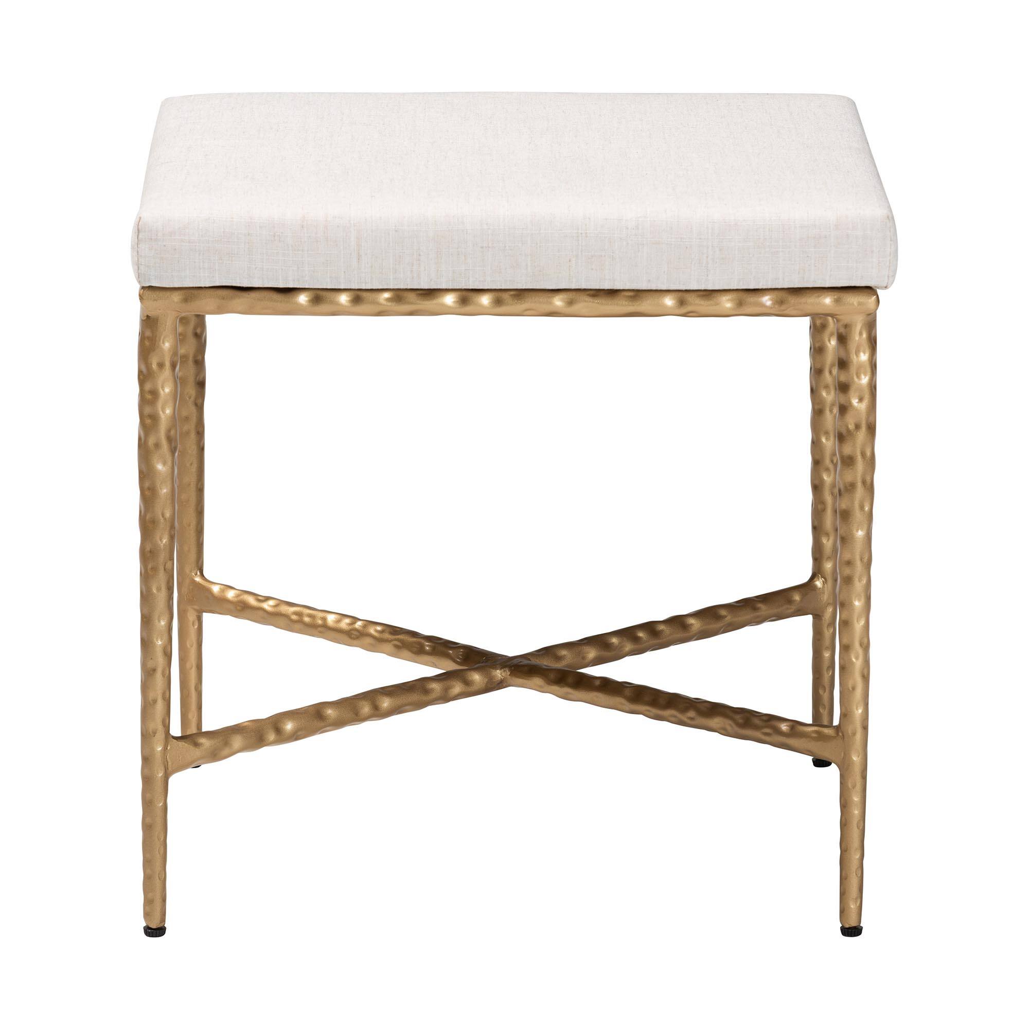 Angle. Baxton Studio - Baxton Studio Fumiye Ottoman Footstool - Modern Rustic Accent Stool with Metal Frame and Upholstered Seat, Rectangle 18" - Ivory/Gold.