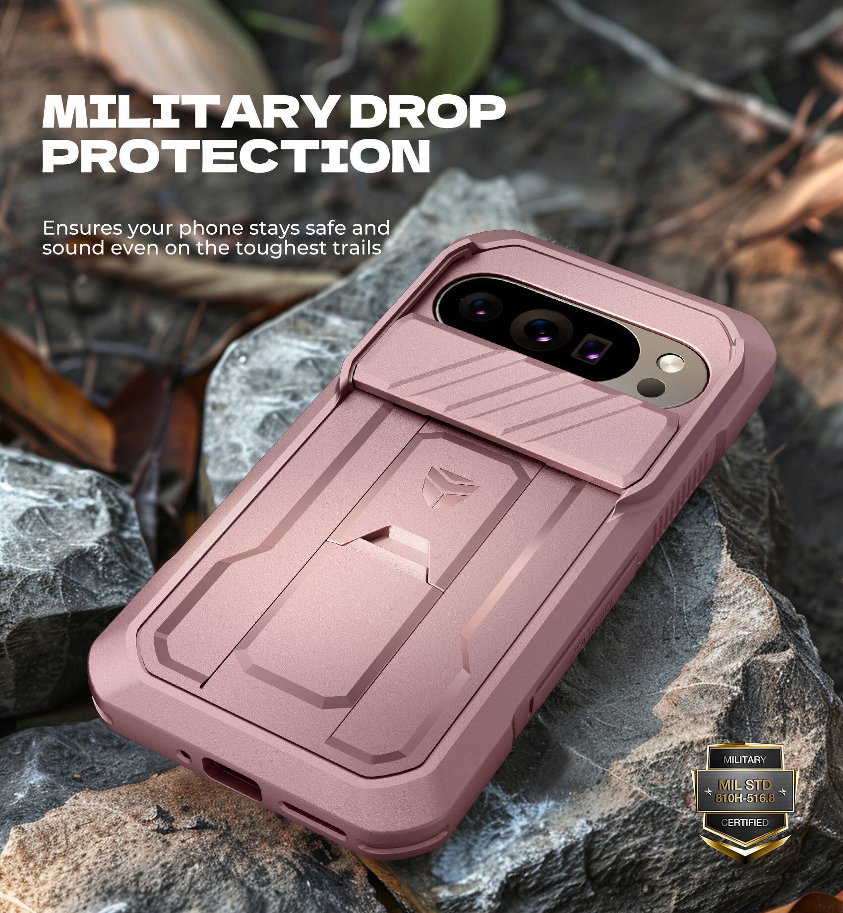 MILITARY DROP PROTECTION  
Ensures your phone stays safe and sound even on the toughest trails  

MILITARY  
MIL STD 810H-516.8 CERTIFIED