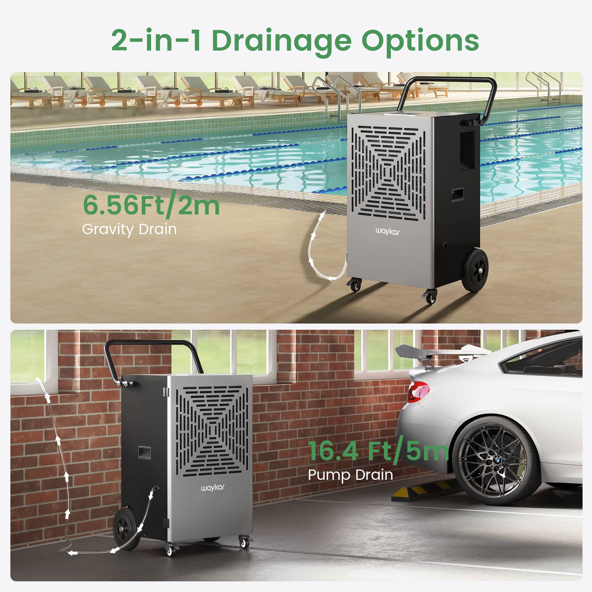 2-in-1 Drainage Options

6.56Ft/2m Gravity Drain

16.4 Ft/5m Pump Drain