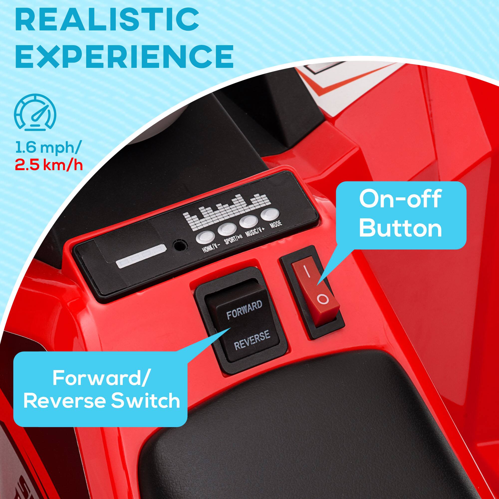 REALISTIC EXPERIENCE

1.6 mph / 2.5 km/h

On-off Button

Forward/Reverse Switch