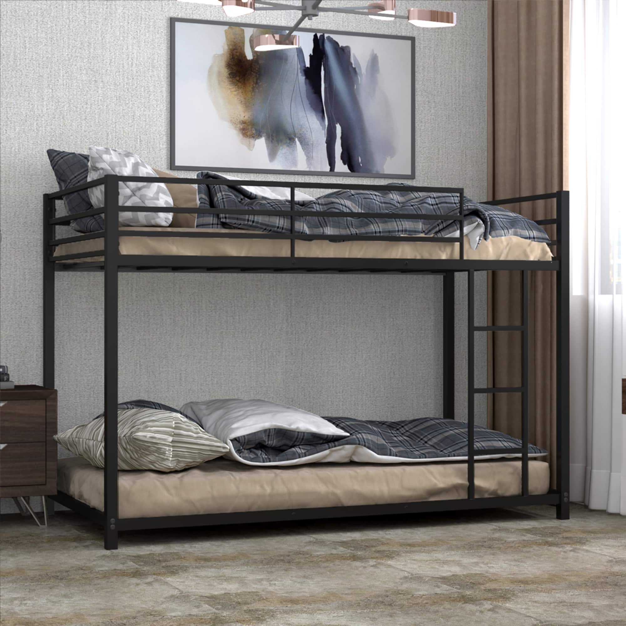 Front. Gymax - Gymax Twin Over Twin Bunk Bed Metal Platform Bed Frame W/ Guard Rails & Side Ladder - Black.