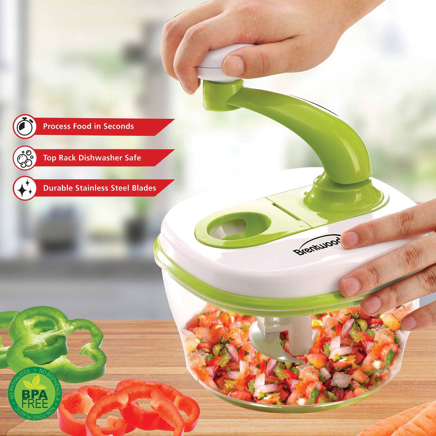Process Food in Seconds  
Top Rack Dishwasher Safe  
Durable Stainless Steel Blades  
Brentwood  
NO HOPHTHALATES  
BPA BISPHENOL FREE  
d PLASTIC NON-TOXIC