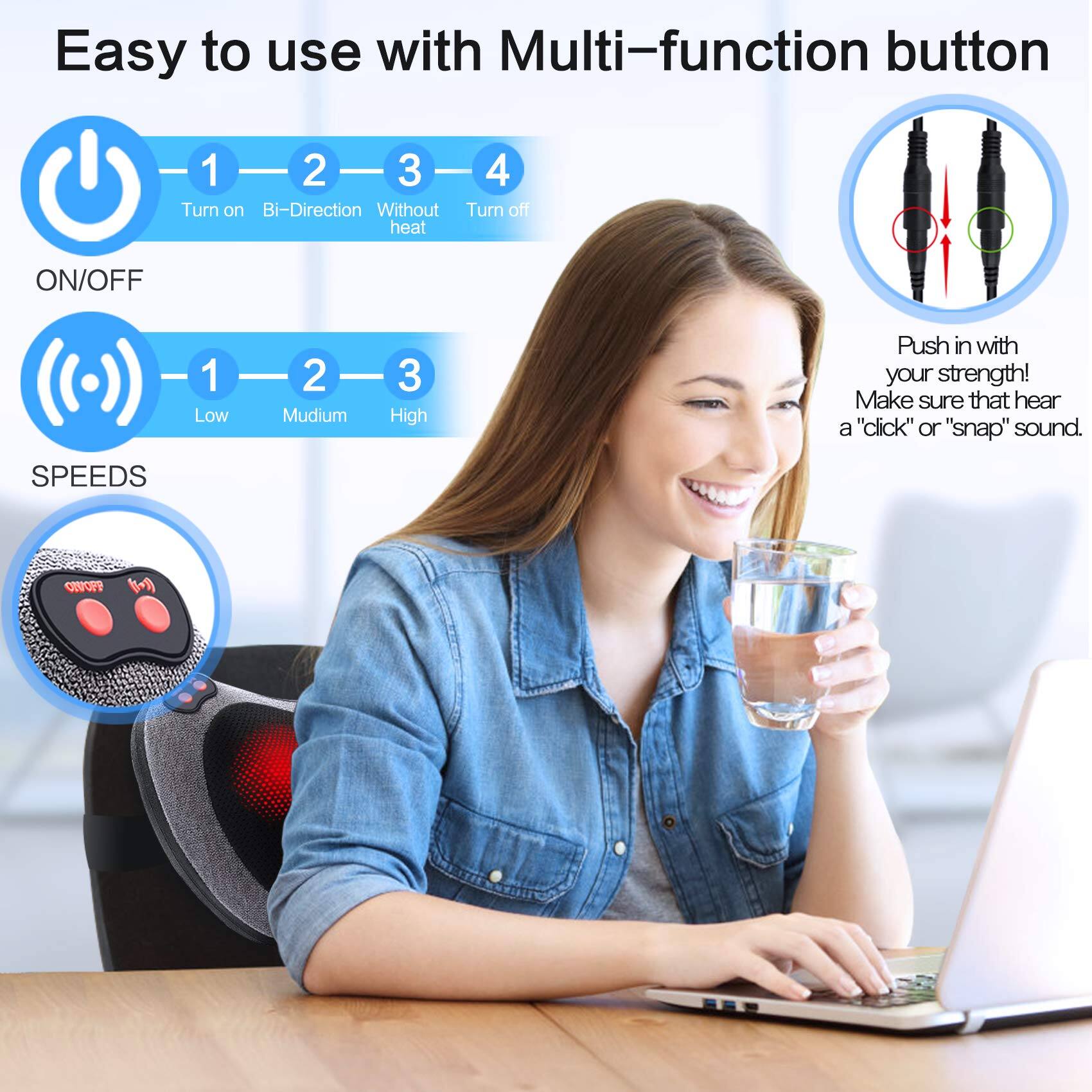 Easy to use with Multi-function button

ON/OFF
1 - Turn on
2 - Bi-Direction
3 - Without heat
4 - Turn off

SPEEDS
1 - Low
2 - Medium
3 - High

Push in with your strength! Make sure that you hear a "click" or "snap" sound.