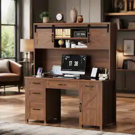 RYHNUYNE - Farmhouse Executive Desk with Charging Station, 61 inch Computer Desk, Finish, Barn Door Hutch and 5 Drawers - Walnut