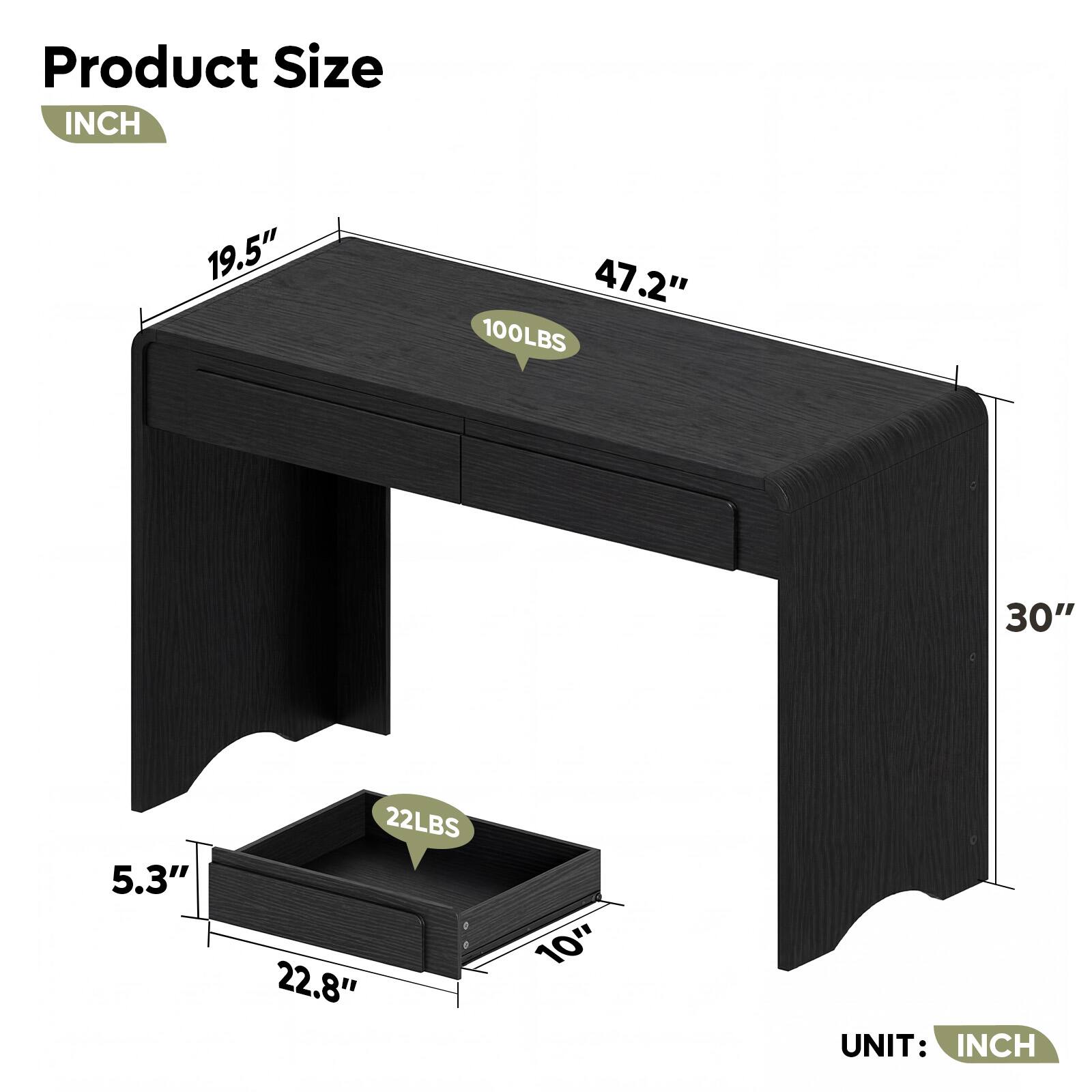 Product Size  
INCH

- 19.5"  
- 47.2"  
- 30"  
- 5.3"  
- 22.8"  
- 10"  

100LBS  
22LBS  

UNIT: INCH