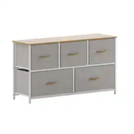 Emma + Oliver - Marley 5 Drawer Storage Dresser with Cast Iron Frame, Wood Top and Easy Pull Fabric Drawers with Wooden Handles - Beige Drawers/White Frame
