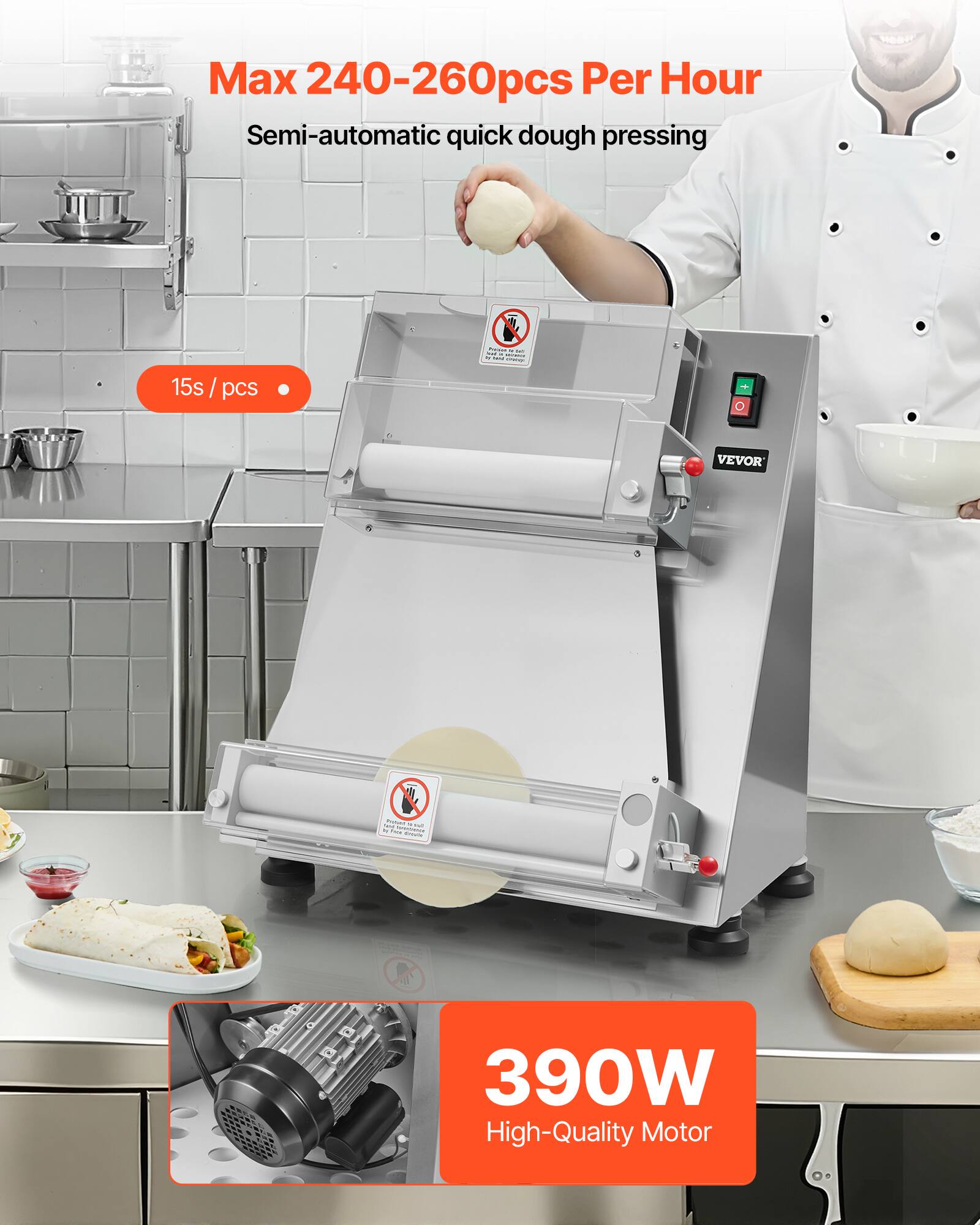 Max 240-260pcs Per Hour Semi-automatic quick dough pressing  
15s /pcs  
- - - - THE -  
VEVOR  
54 PROVER - "Fat" -  
390W High-Quality Motor