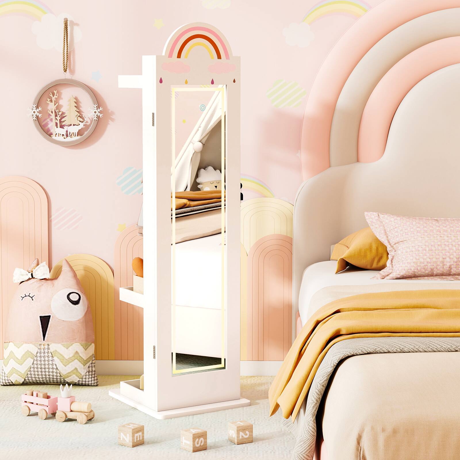 Alt View 1. Gymax - Gymax 3 In 1 Kids Jewelry Cabinet w/3-Color Lighted Full Length Mirror Clothes Rack White - White.