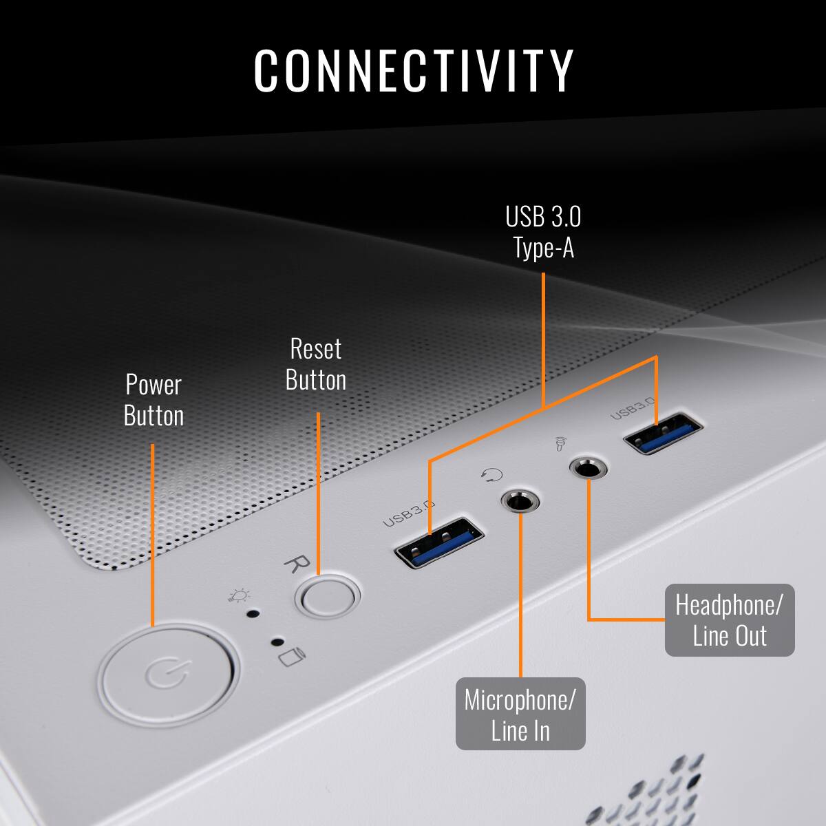 Connectivity: USB 3.0 Type-A, Power Button, Reset Button, USB 3.0, Microphone/Line In, Headphone/Line Out.
