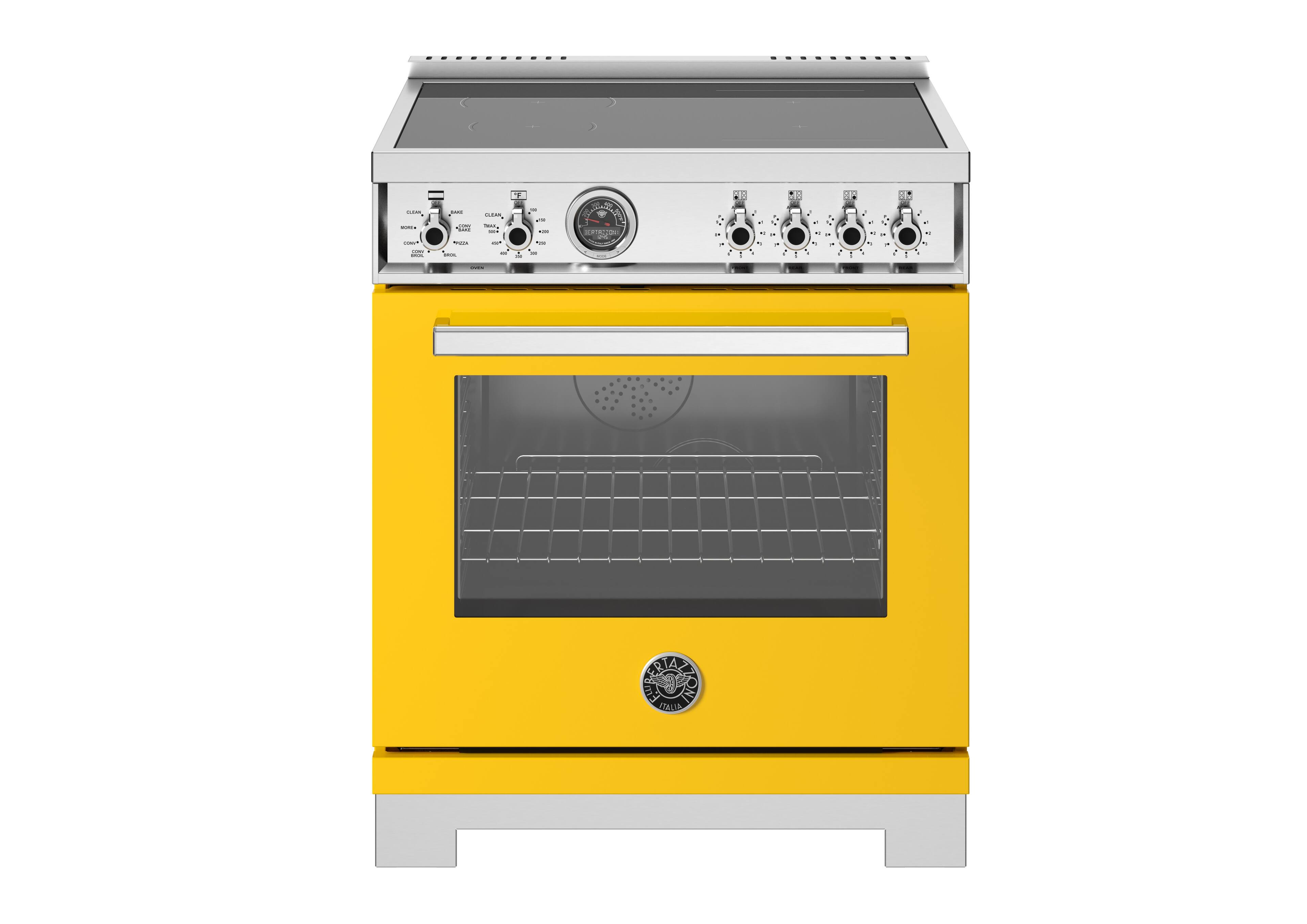 Front. Bertazzoni - 30" Professional Series range - Electric self clean oven - 4 induction zones - Yellow.
