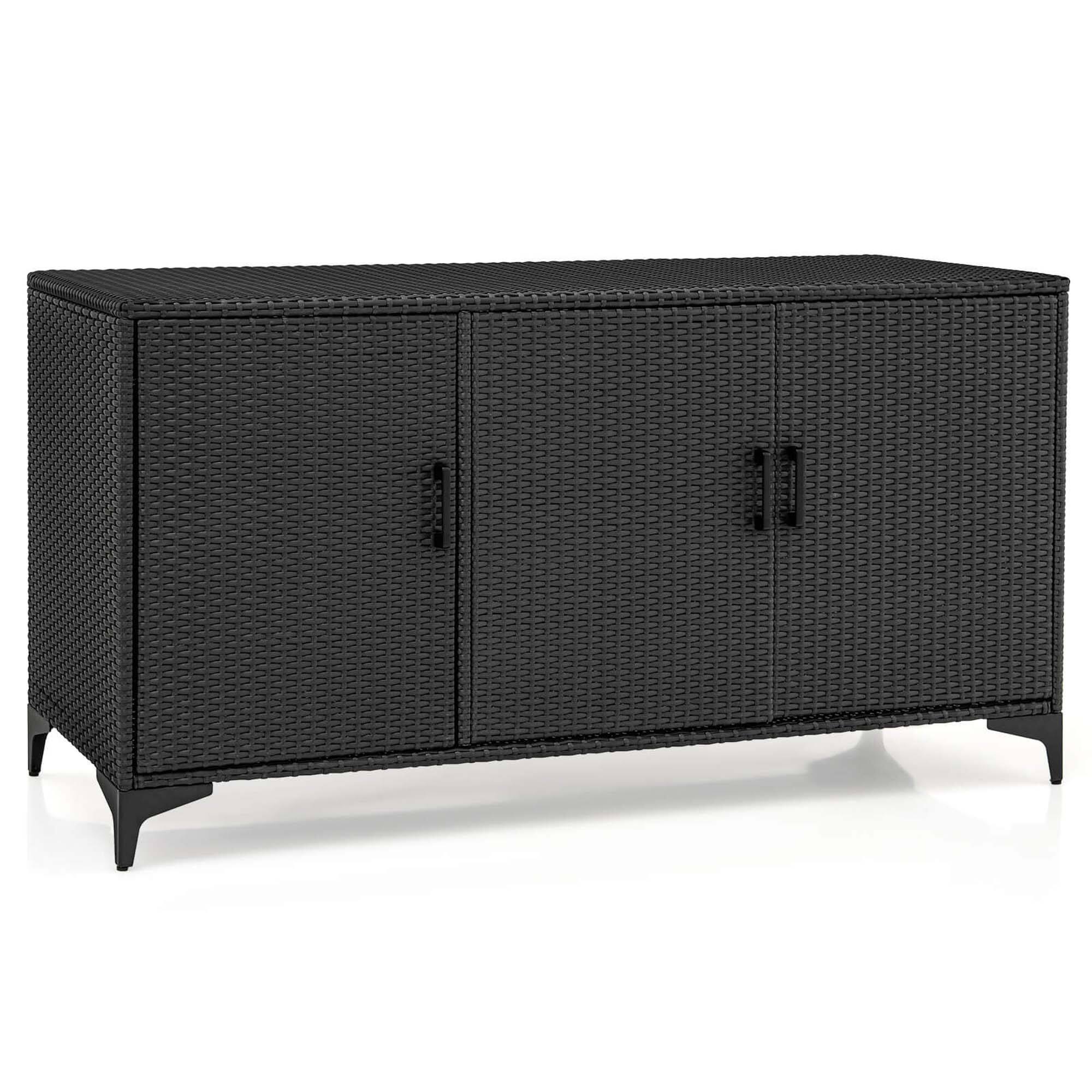 Front. Costway - 84 Gallon 3-Door Patio Wicker Storage Cabinet Deck Box with Removable Shelves - Black.