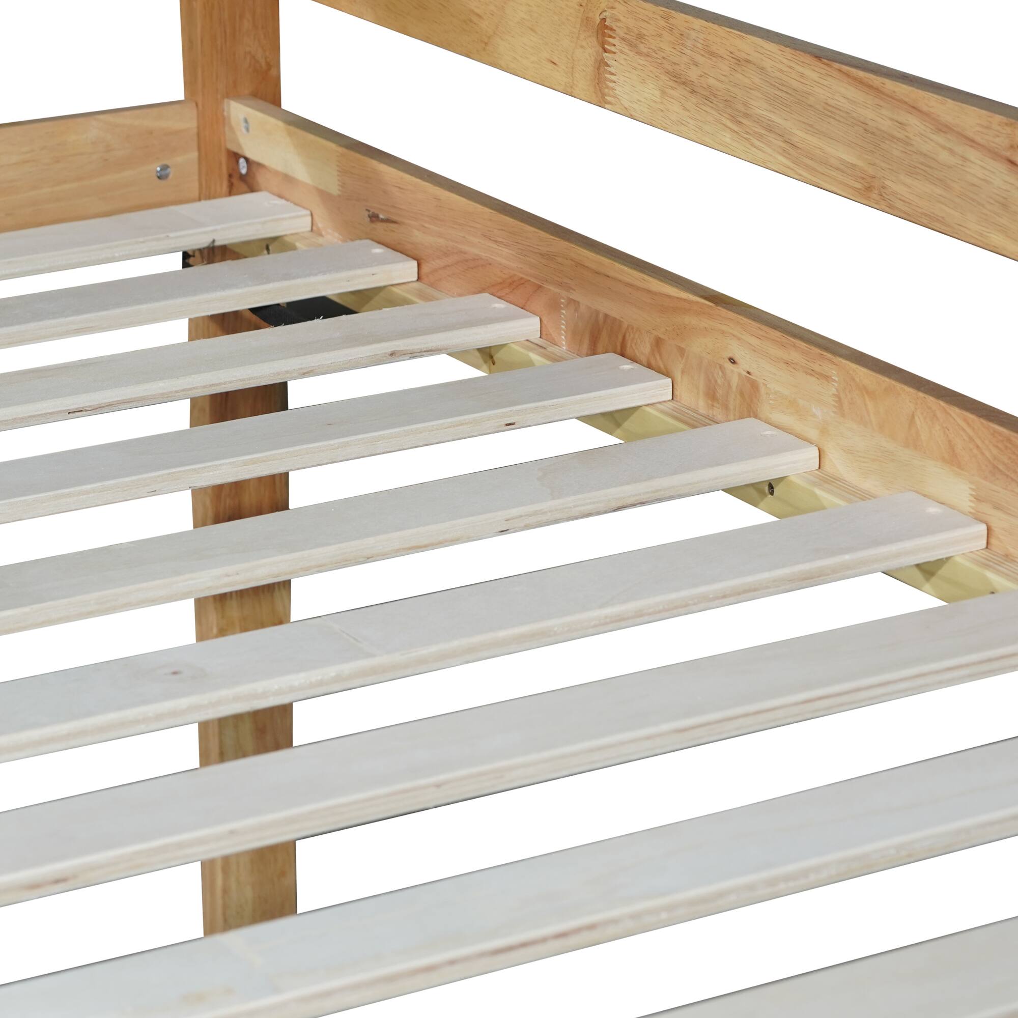 Left. GOODSILO - Solid Wood Twin Over Twin Floor Bunk Bed with Ladder and Strengthened Slats for Enhanced Stability - Natural.