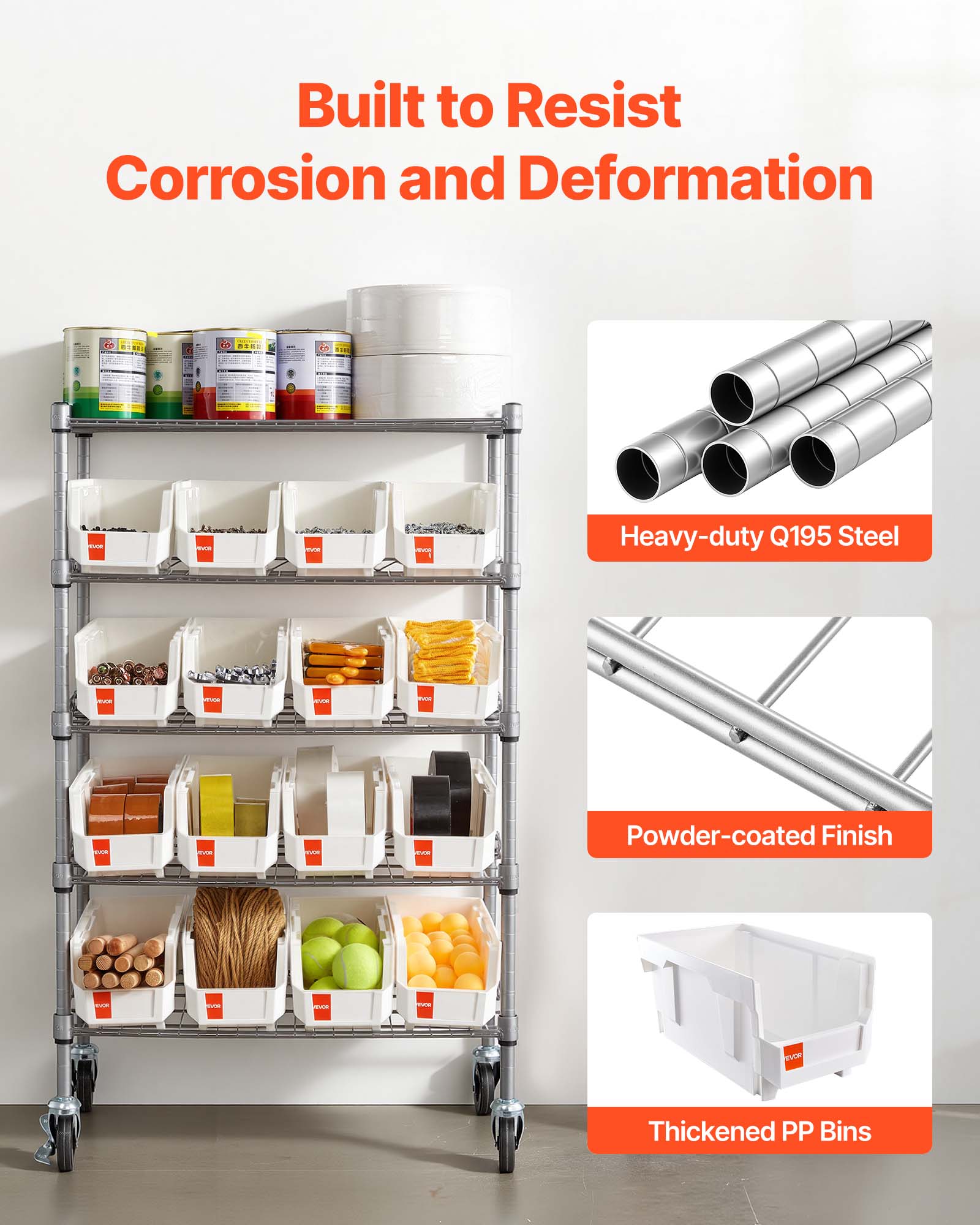 Built to Resist Corrosion and Deformation

- Heavy-duty Q195 Steel
- Powder-coated Finish
- Thickened PP Bins