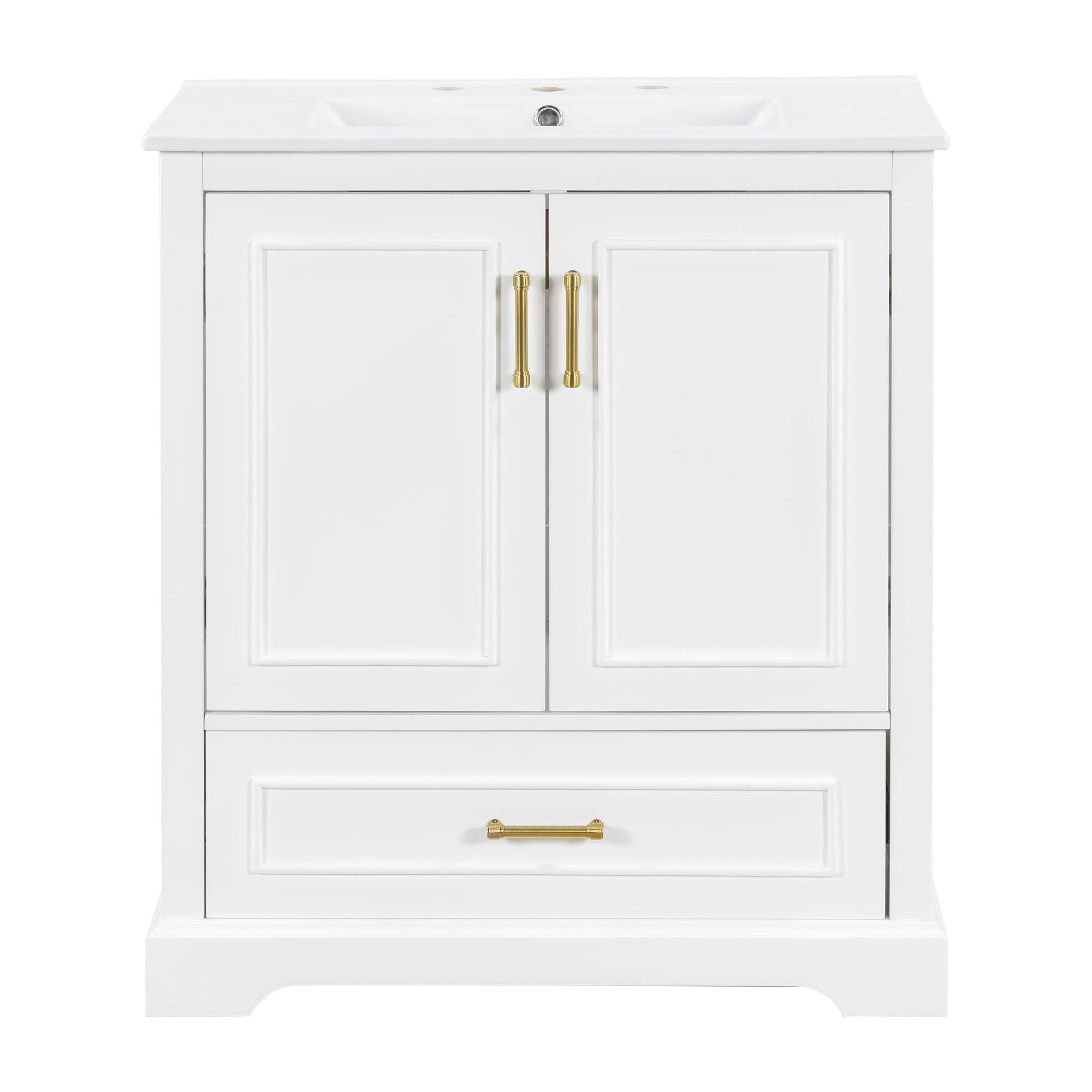 Angle. Boyel Living - 30 Inch White Bathroom Vanity with Ceramic Sink, Divider Drawer, 2 Soft Close Doors and Double Door Shelves - White.