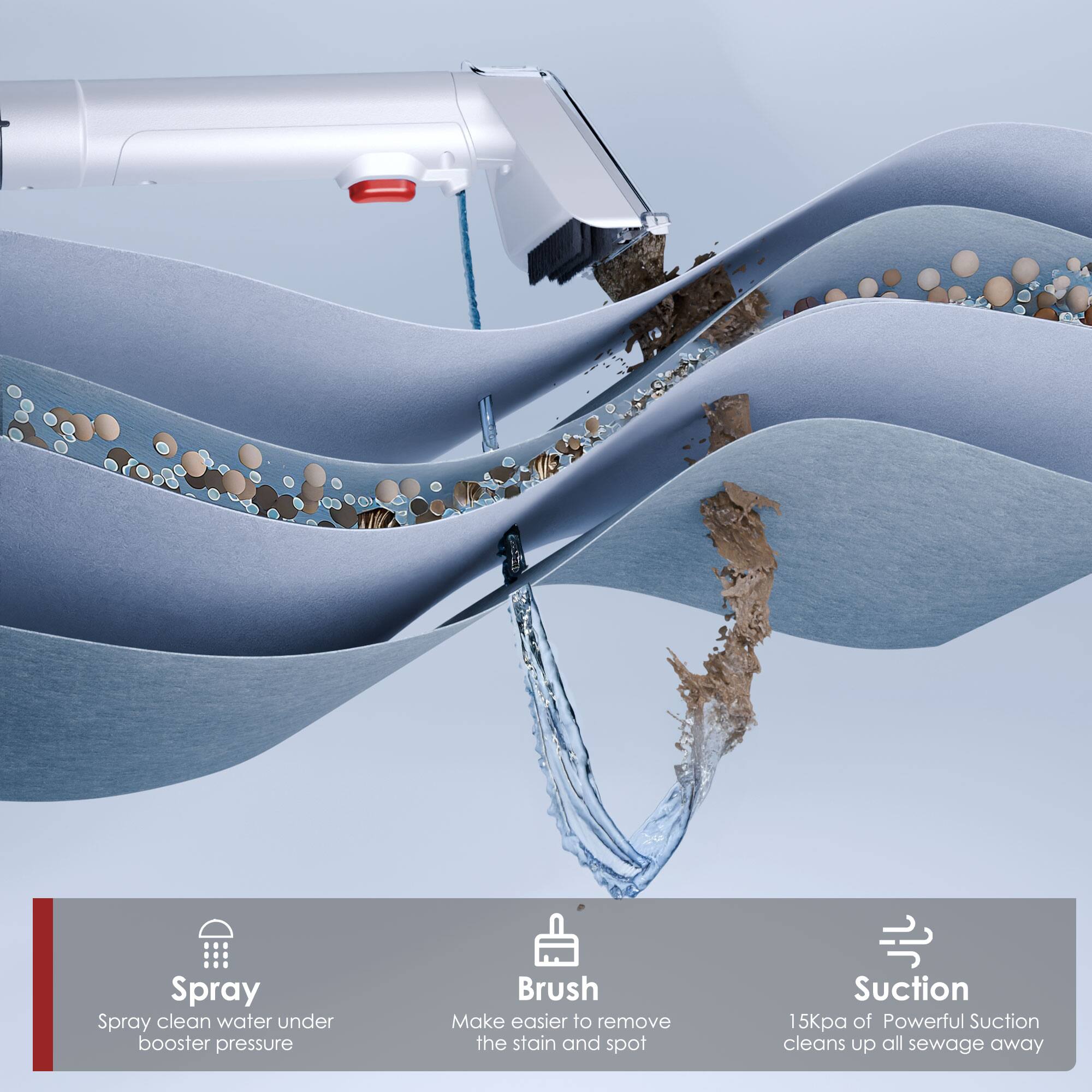 - Spray: Spray clean water under booster pressure
- Brush: Make it easier to remove the stain and spot
- Suction: 15kPa of Powerful Suction cleans up all sewage away