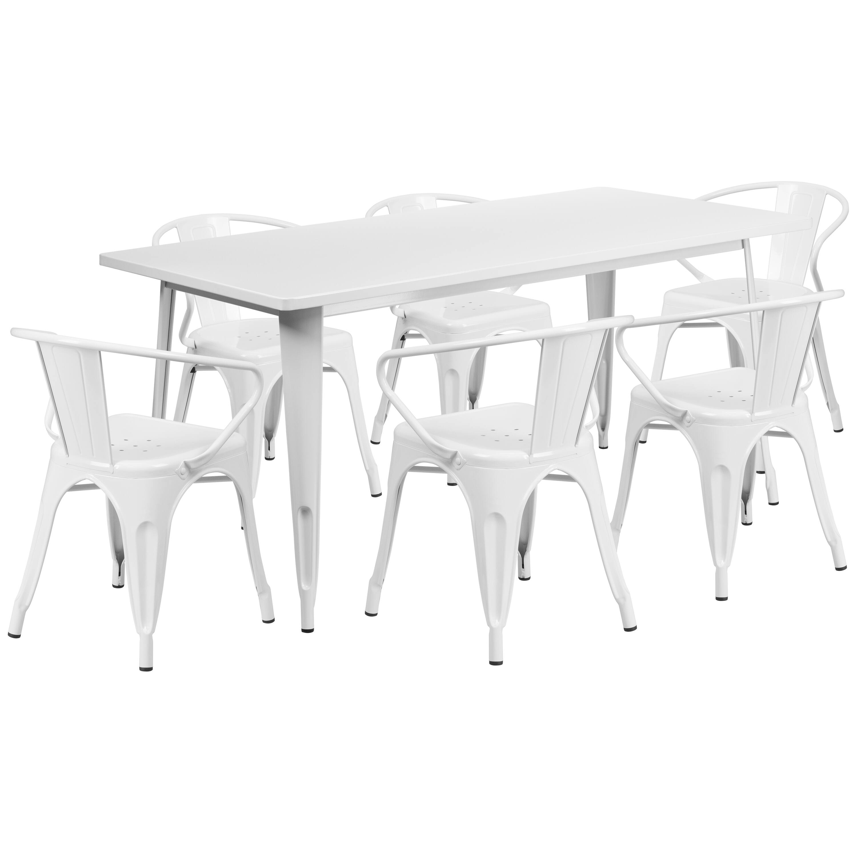 Alt View 1. Emma + Oliver - Commercial Grade Rectangular Metal Indoor-Outdoor Table Set with 6 Arm Chairs - White.