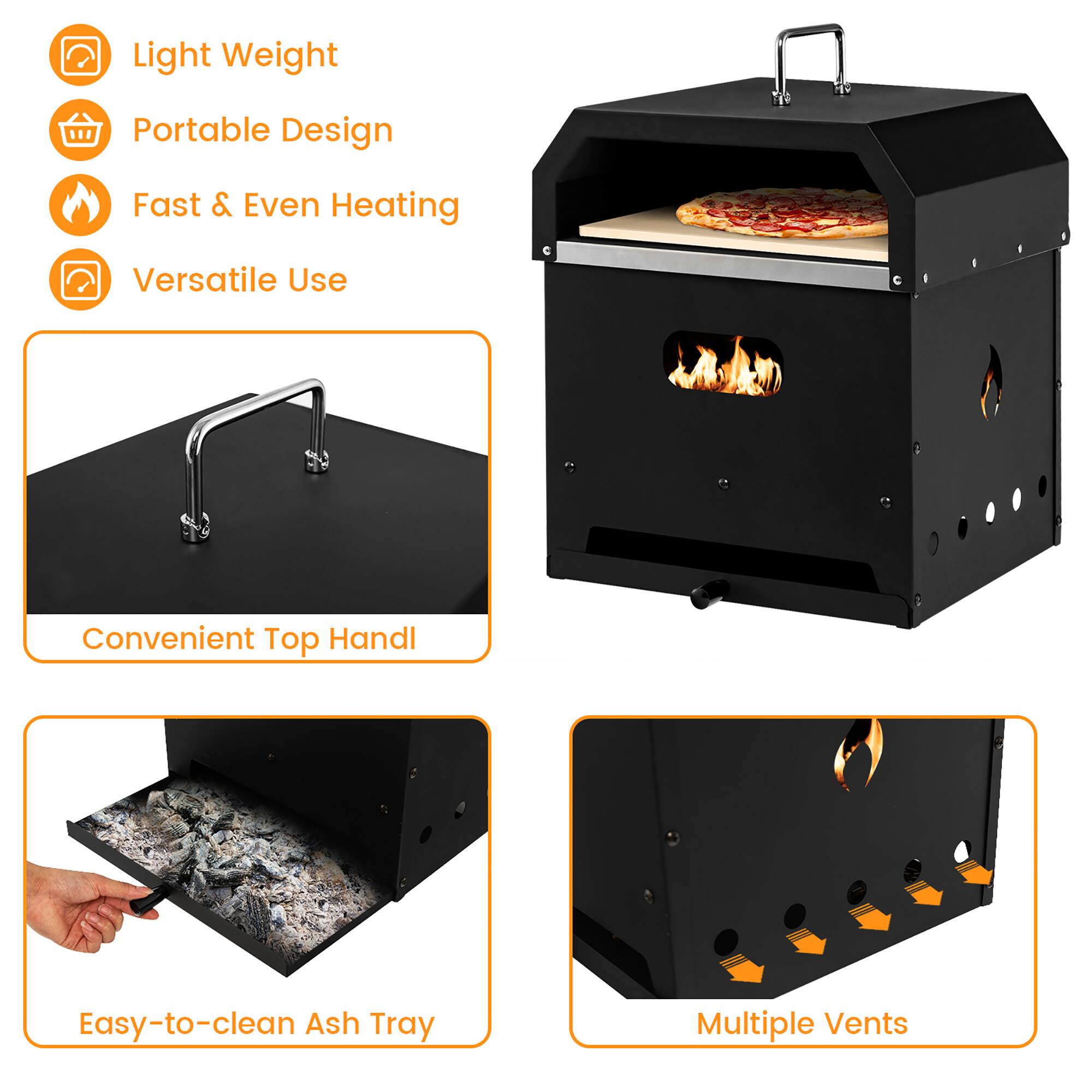 The text on the image describes a portable pizza oven with a lightweight design, fast and even heating, versatile use, a convenient top handle, and an easy-to-clean ash tray. The oven also features multiple vents for better airflow and heat distribution.