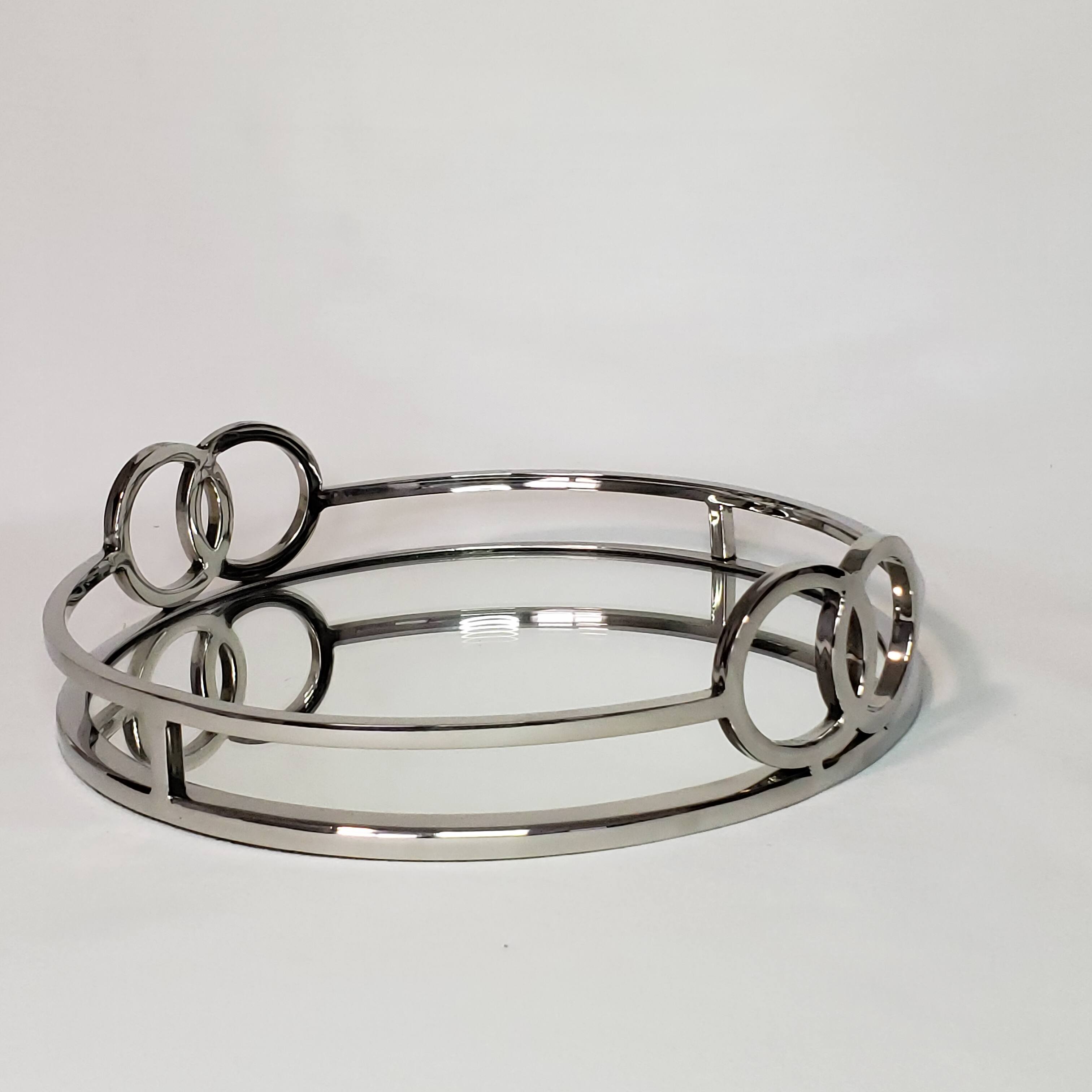 Front. Jiallo - Luxury Silver Stainless Steel Round vanity tray with mirror 11" - Silver.