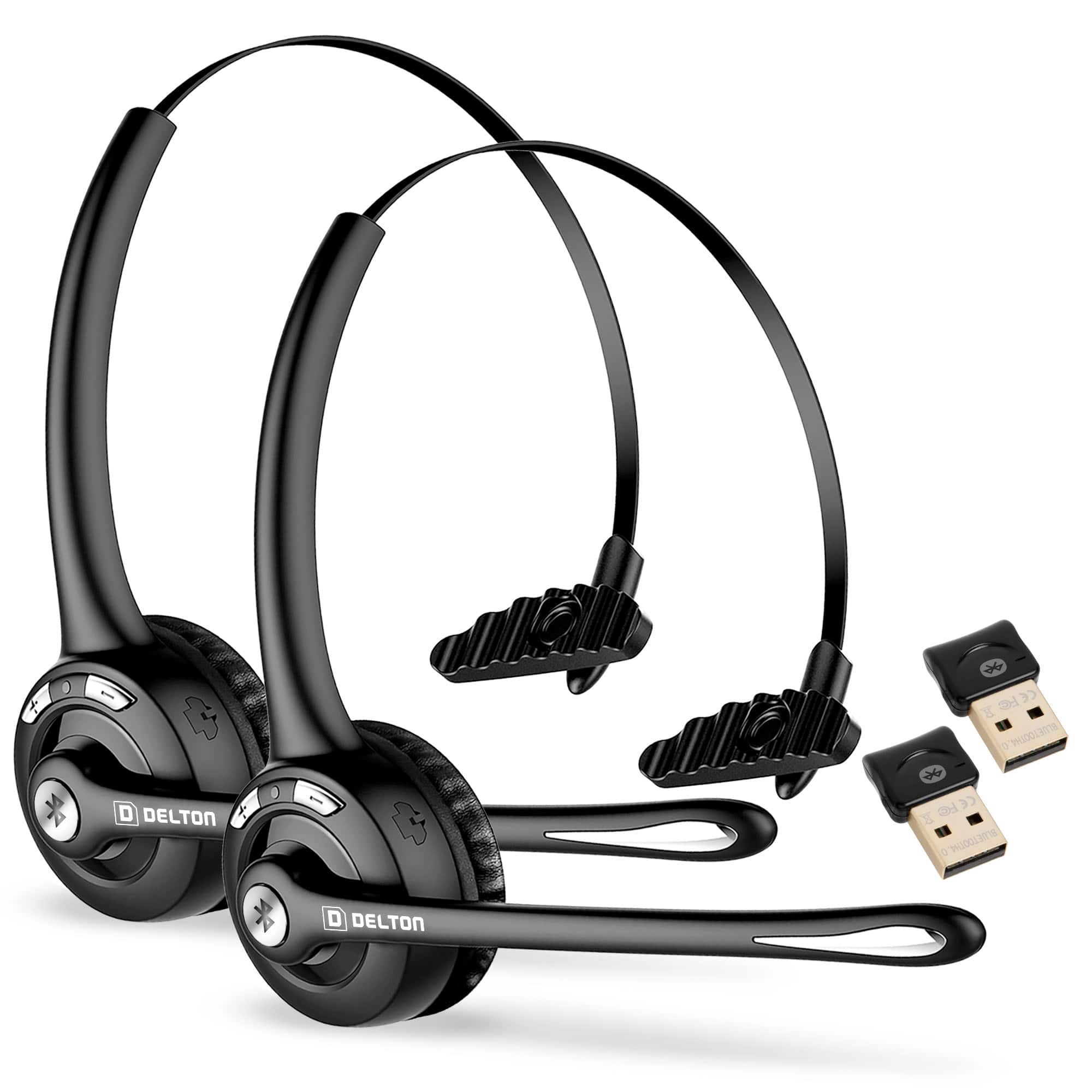 Delton - 10X Noise Cancelling Wireless Bluetooth Headset with Microphone and 18Hr Talk Time, 2-Pack - Black